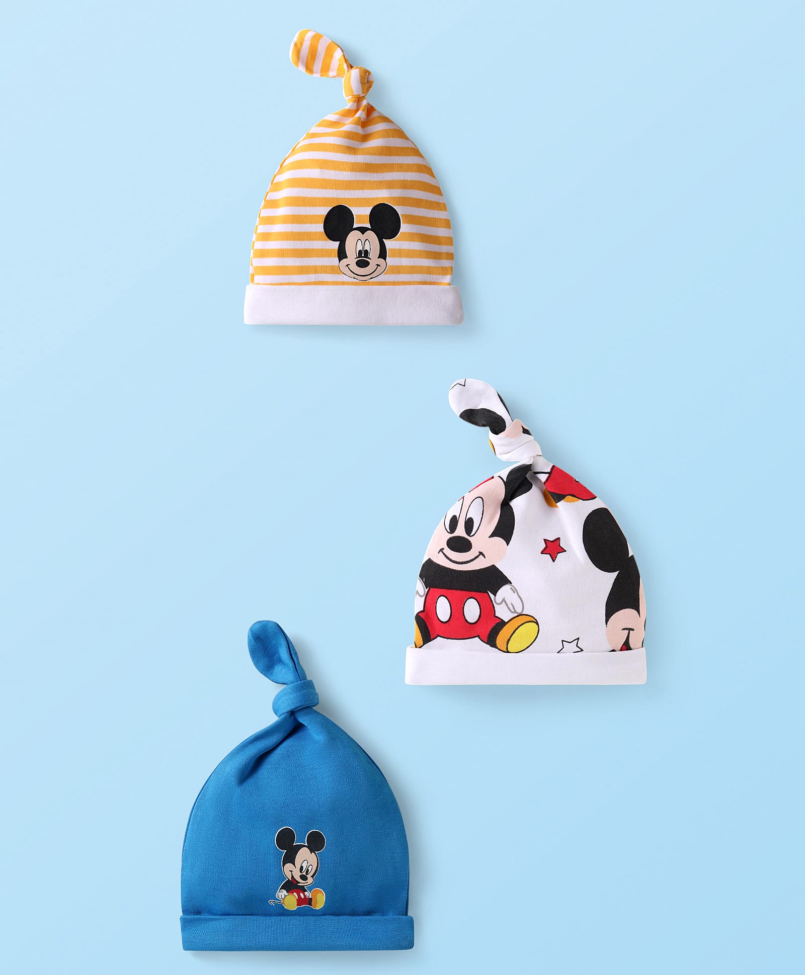 Babyhug Disney Interlock Knit Caps With Mickey Mouse Graphics Pack of 3 - Red Blue & White-picture-27