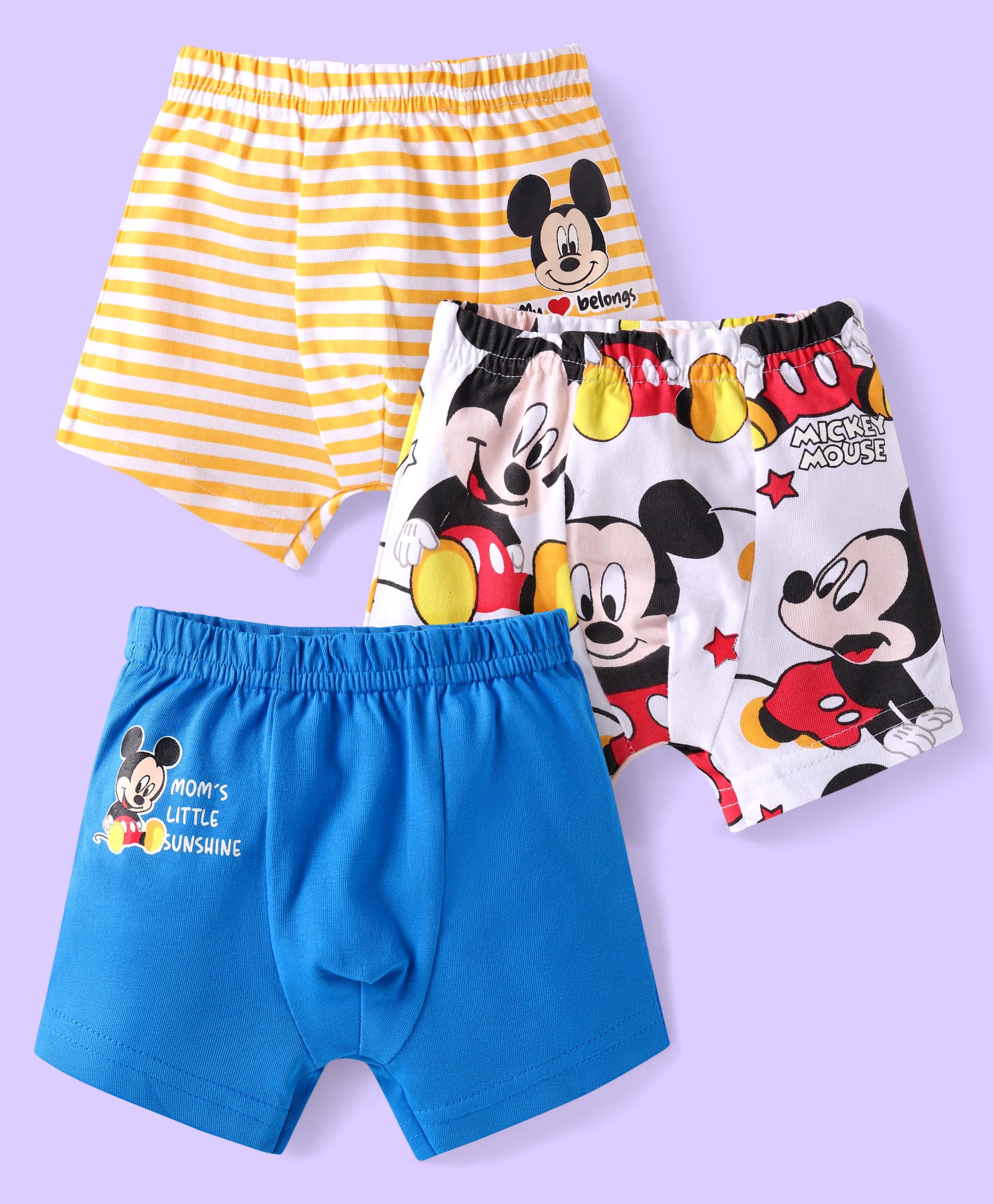 Babyhug Disney Cotton Lycra Trunks with Mickey Mouse Graphic Pack of 3 - Blue Yellow & White-image-43