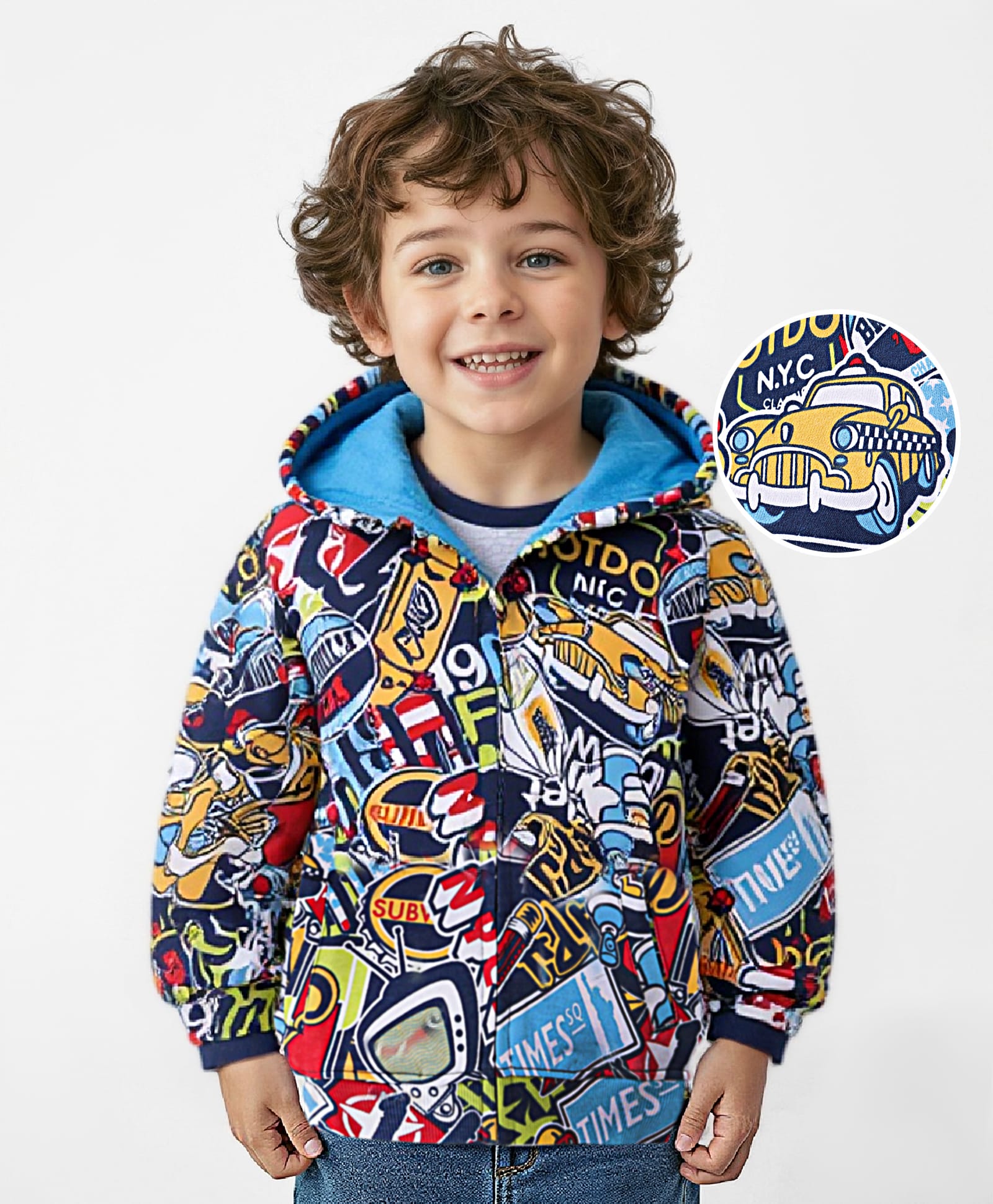 Babyhug Cotton Knit Full Sleeves Hooded Sweatjacket with Sports Theme Print - Blue