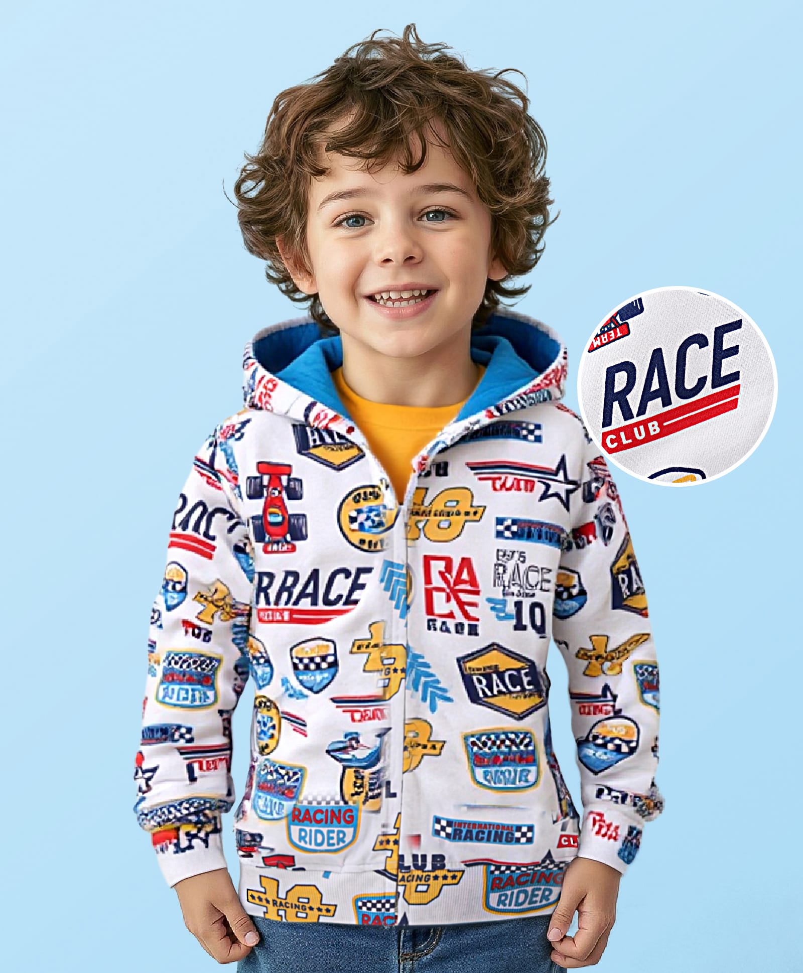Babyhug Cotton Knit Full Sleeves Hooded Sweatjacket with Race Theme Print - White