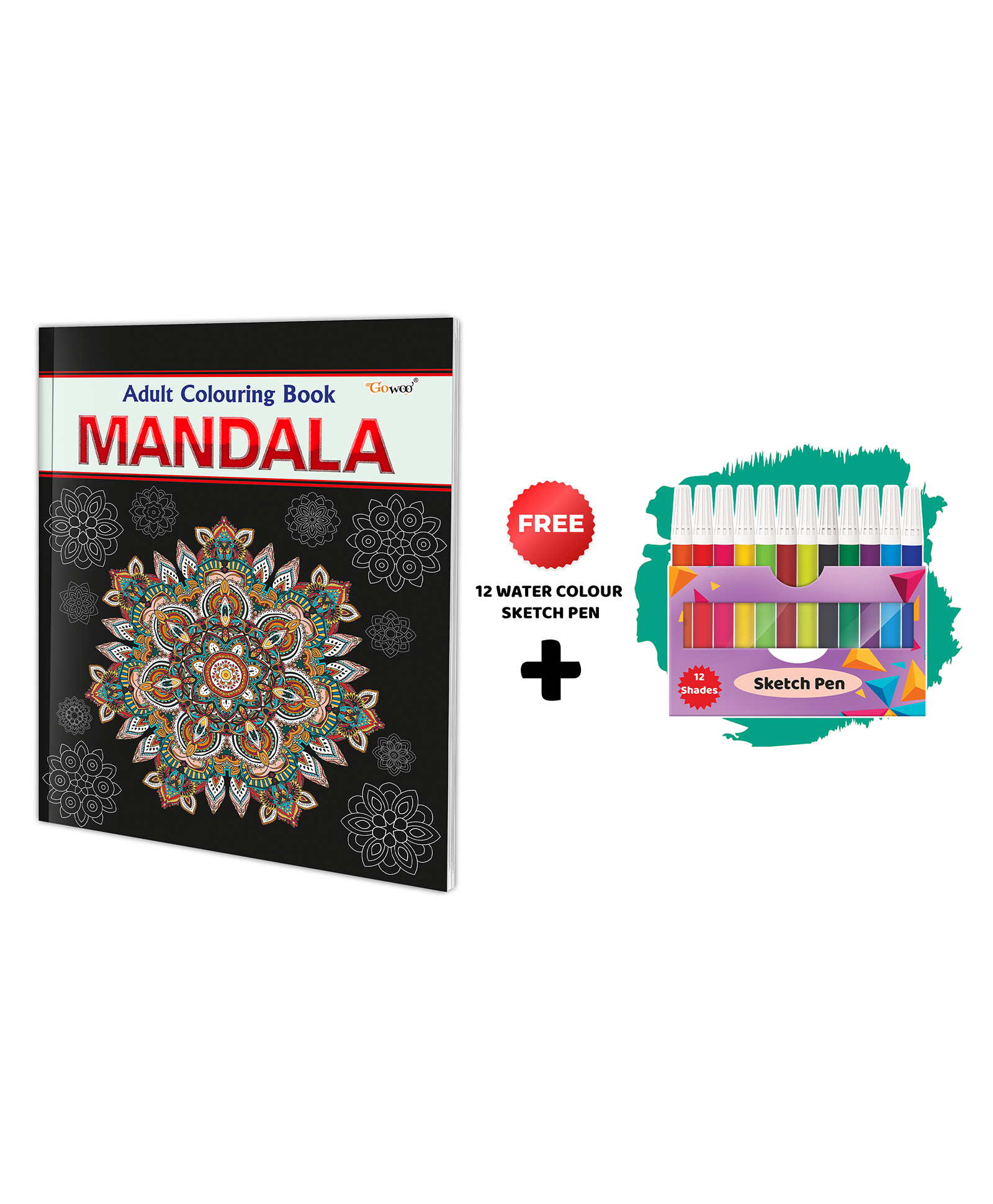 Mandala - Adult Colouring Book With 12 Water Colour Sketch Pen : Art Colouring Kit for Adults & Kids, Coloring for Relaxation, Creative Coloring for Adults, Mindful Art Coloring-image-4