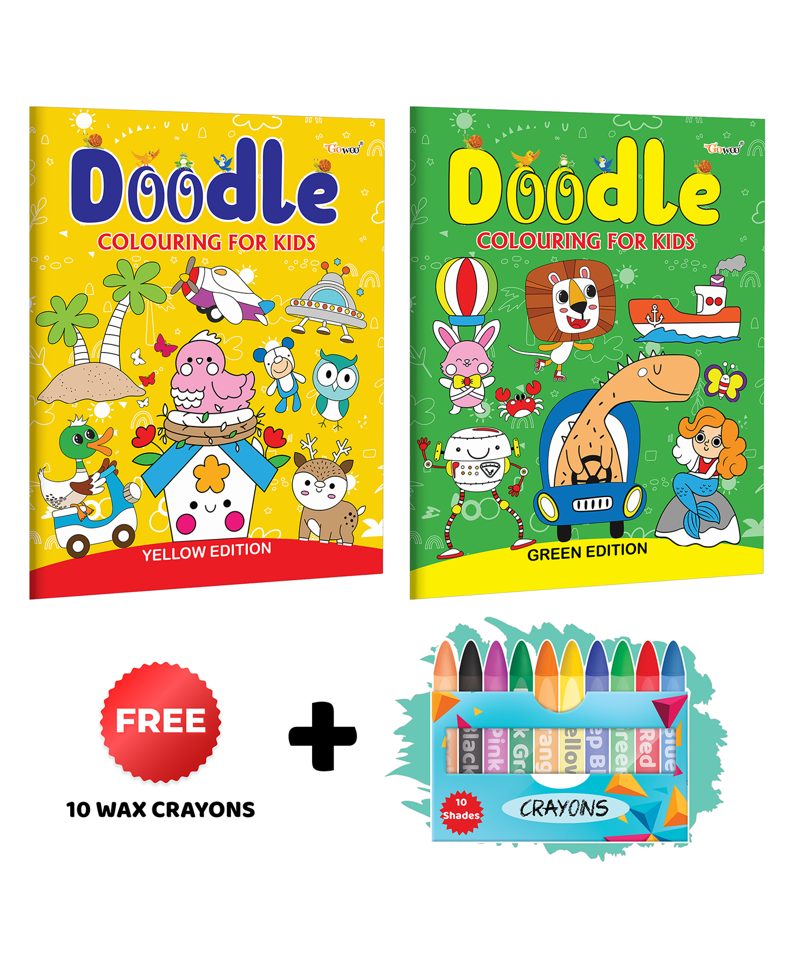 Doodle Colouring for kids - Yellow and Green Edition with 10 Wax Crayons : Kids Coloring Book, Early Learning Coloring Fun, Educational Coloring Book for Children | Pack of 2 Colouring Books-image-46