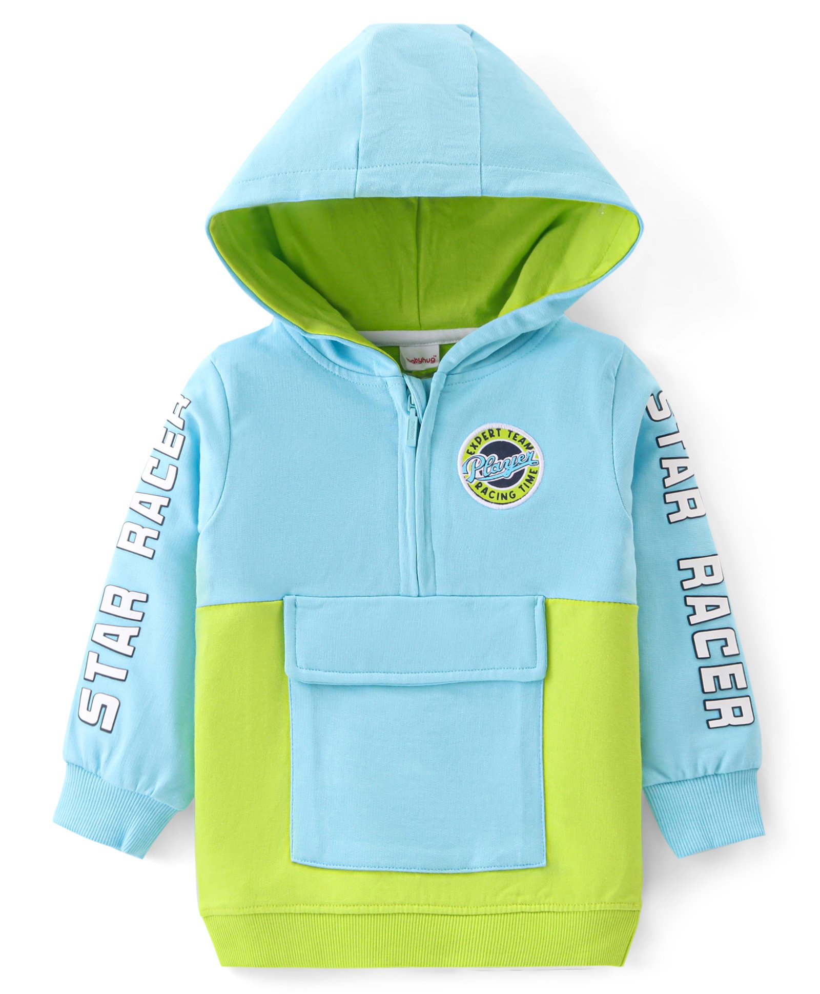 Babyhug Cotton Knit Full Sleeves Hooded Sweatshirt With Cut & Sew Design & Text Print - Sky Blue-picture-23