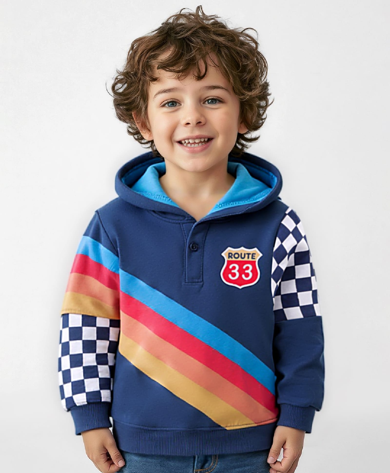 Babyhug Cotton Knit Full Sleeves Hooded Sweatshirt with Stripes & Patch Detailing - Blue-image-45