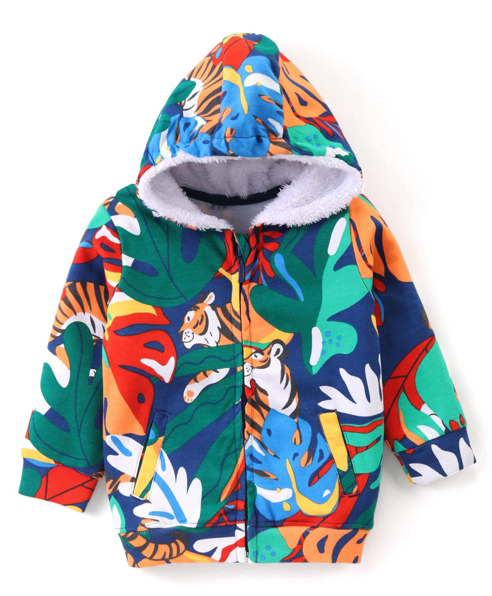 Babyhug Cotton Knit Full Sleeves Hooded Tiger & Leaves Printed Sweatjacket with Front Zipper  - Navy Blue & Green-image-24