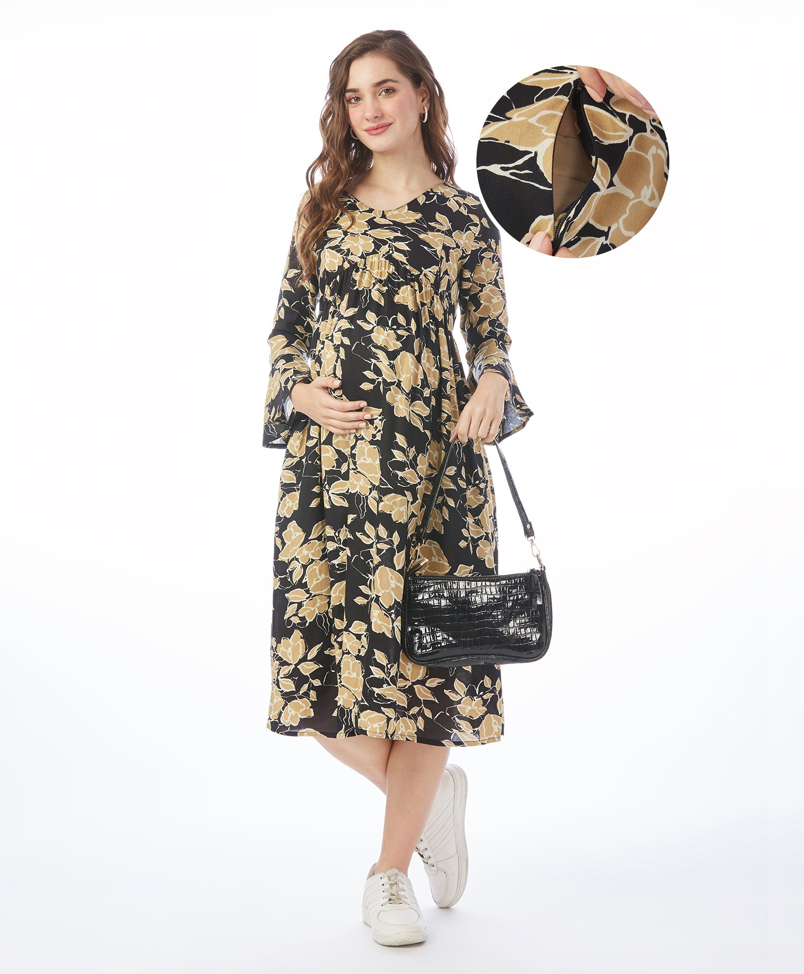 Bella Mama Woven  Three Fourth Sleeves Floral Printed Maternity Dress - Black-picture-15