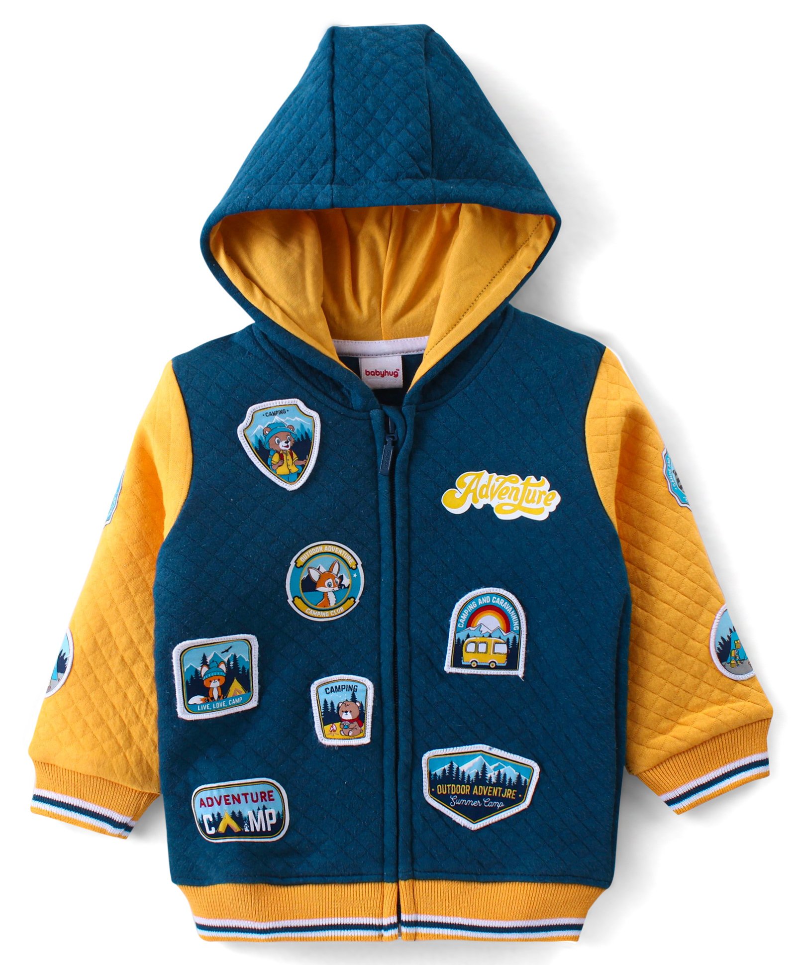 Babyhug Cotton Full Sleeves Hooded Jacket with Zipper Badges & Quilting Detailing - Navy & Yellow