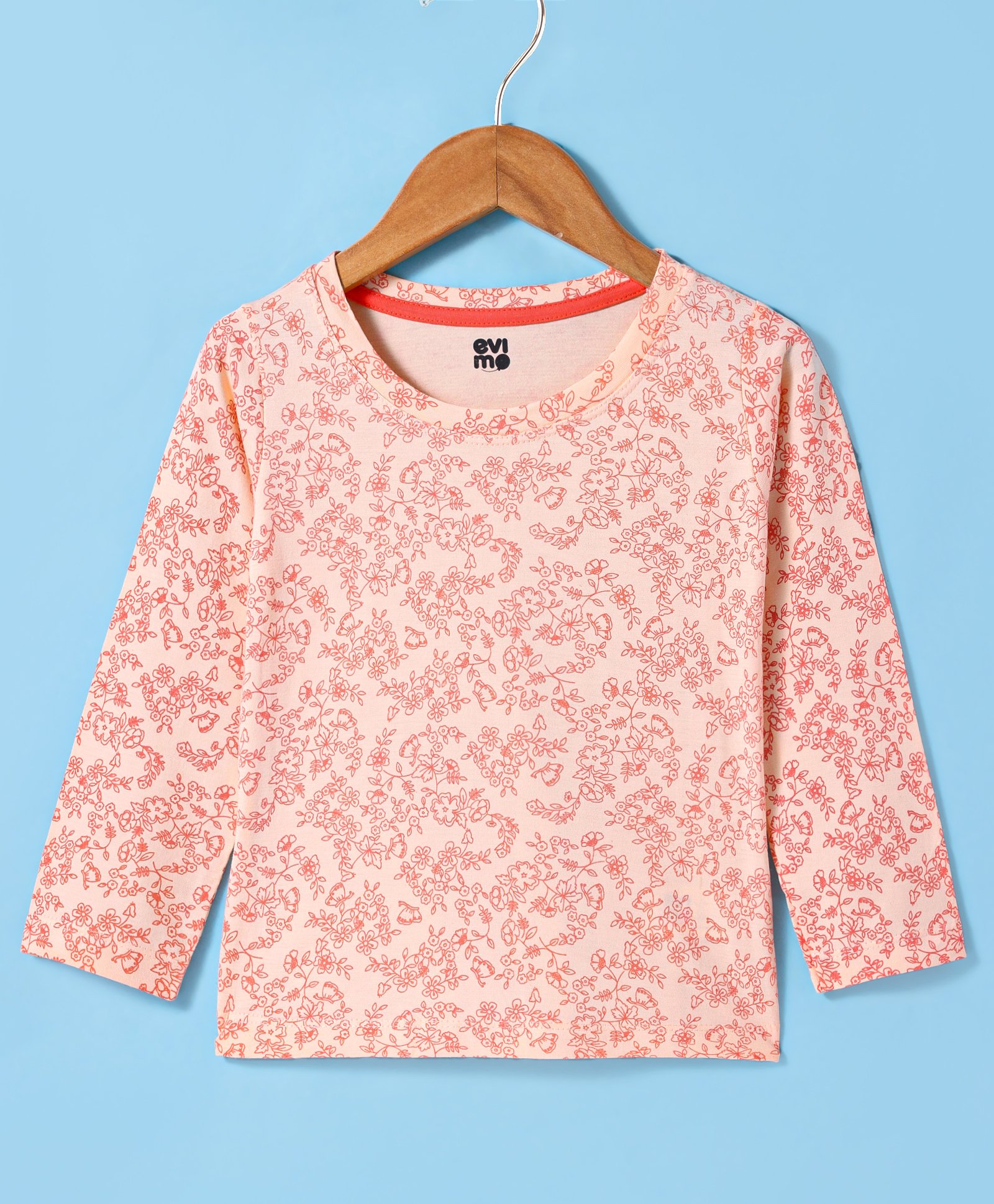 Evimo Single Jersey Knit Full Sleeves Floral Printed Top - Light Peach-picture-19