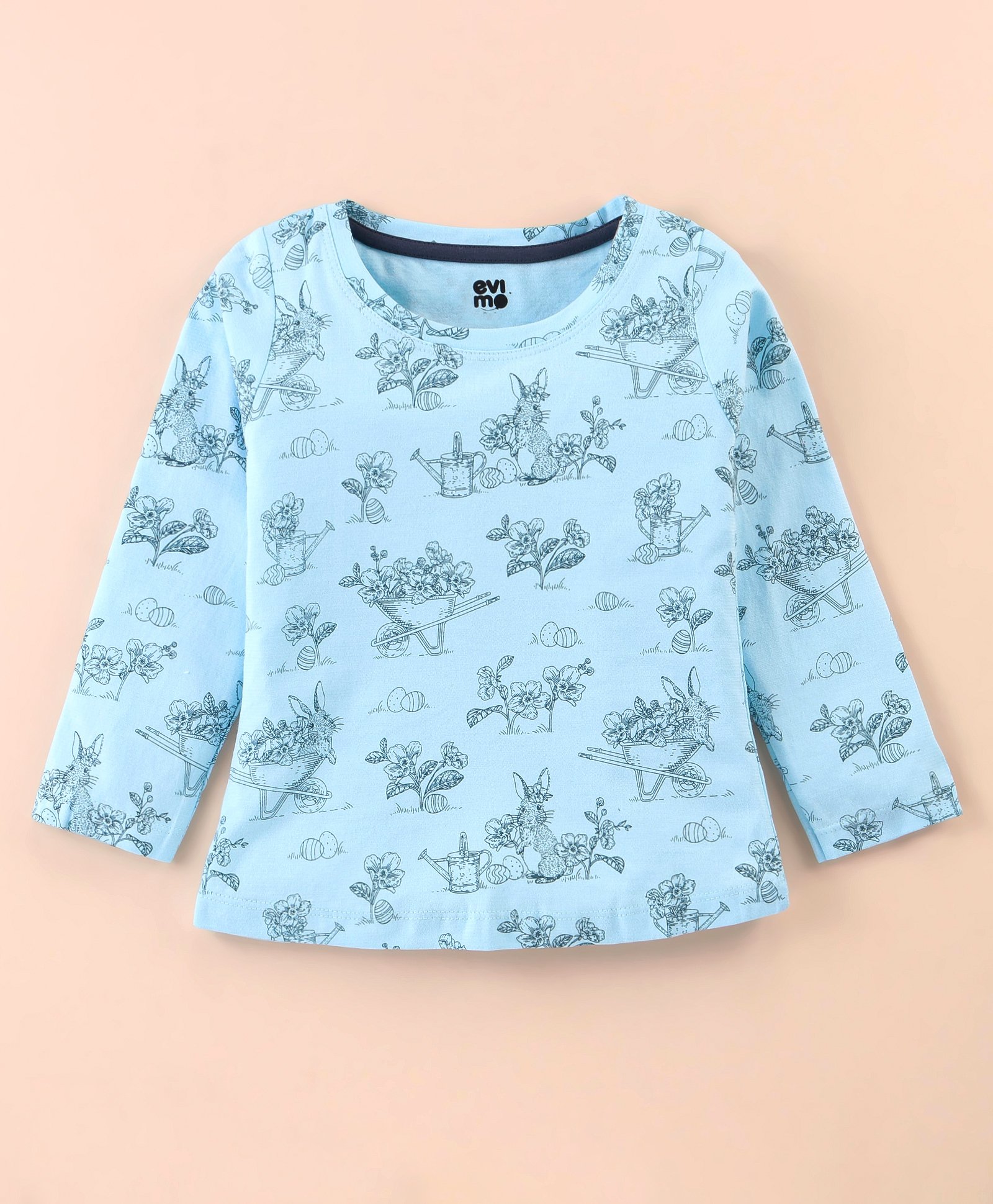 Evimo Single Jersey Knit Full Sleeves Floral Printed Top - Light Blue-image-28
