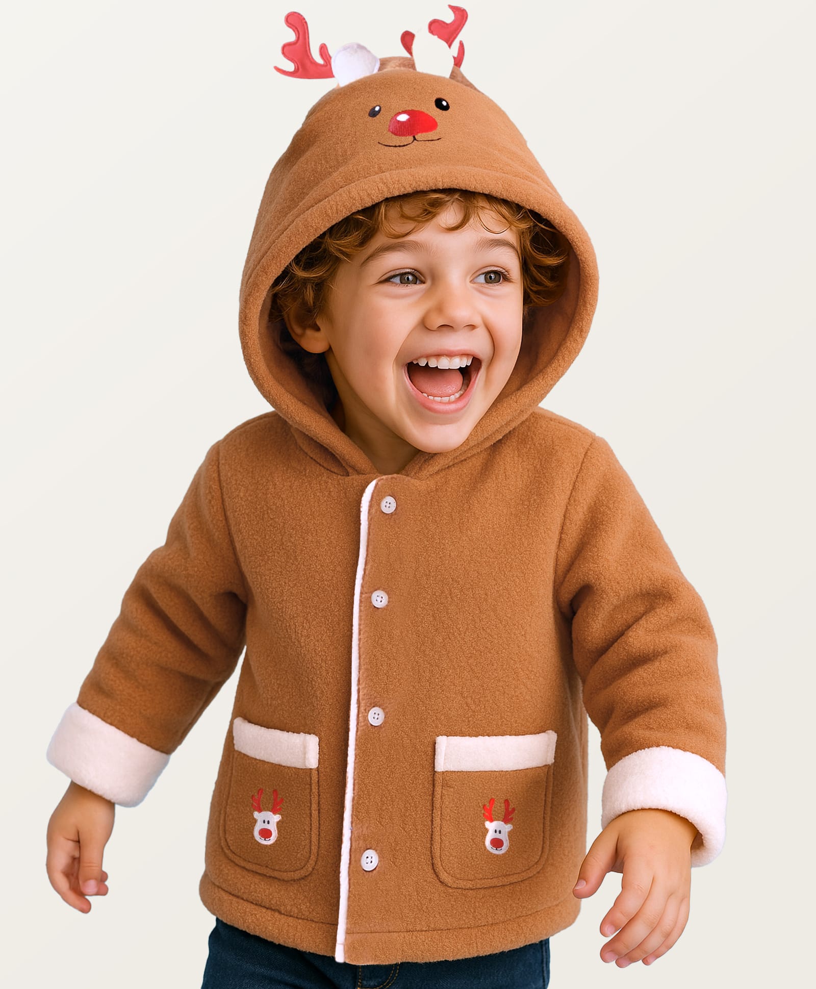 Babyhug Cotton Knit Full Sleeves Hooded Winter Jacket with Reindeer Applique - Brown-image-43