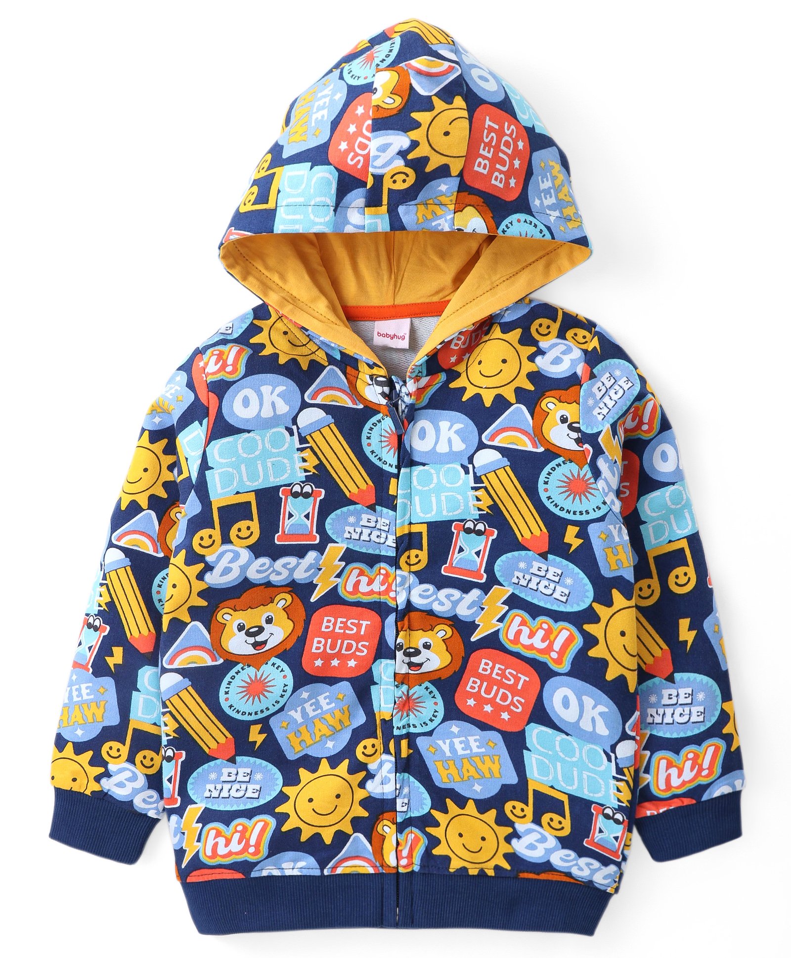Babyhug Cotton Knit Full Sleeves Front Open Hooded Sweatjacket With Lion Print - Blue-image-46