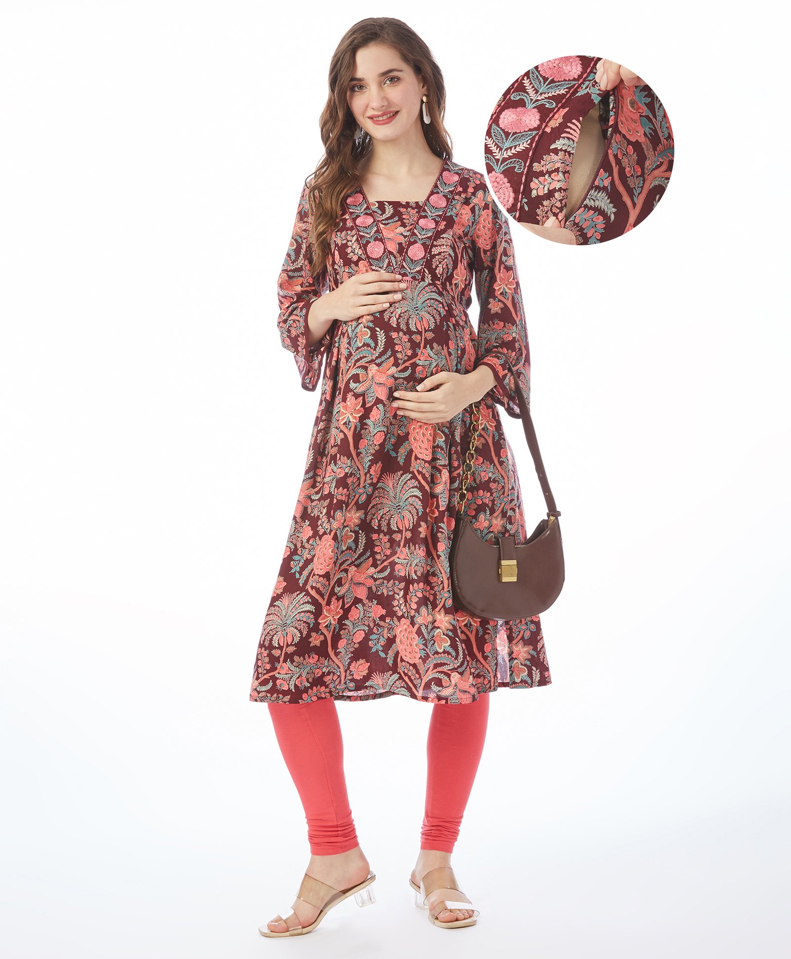 Bella Mama Woven Three Fourth Sleeves Floral Embroidery &PrintedMaternity Kurta with Pocket - Wine-image-40