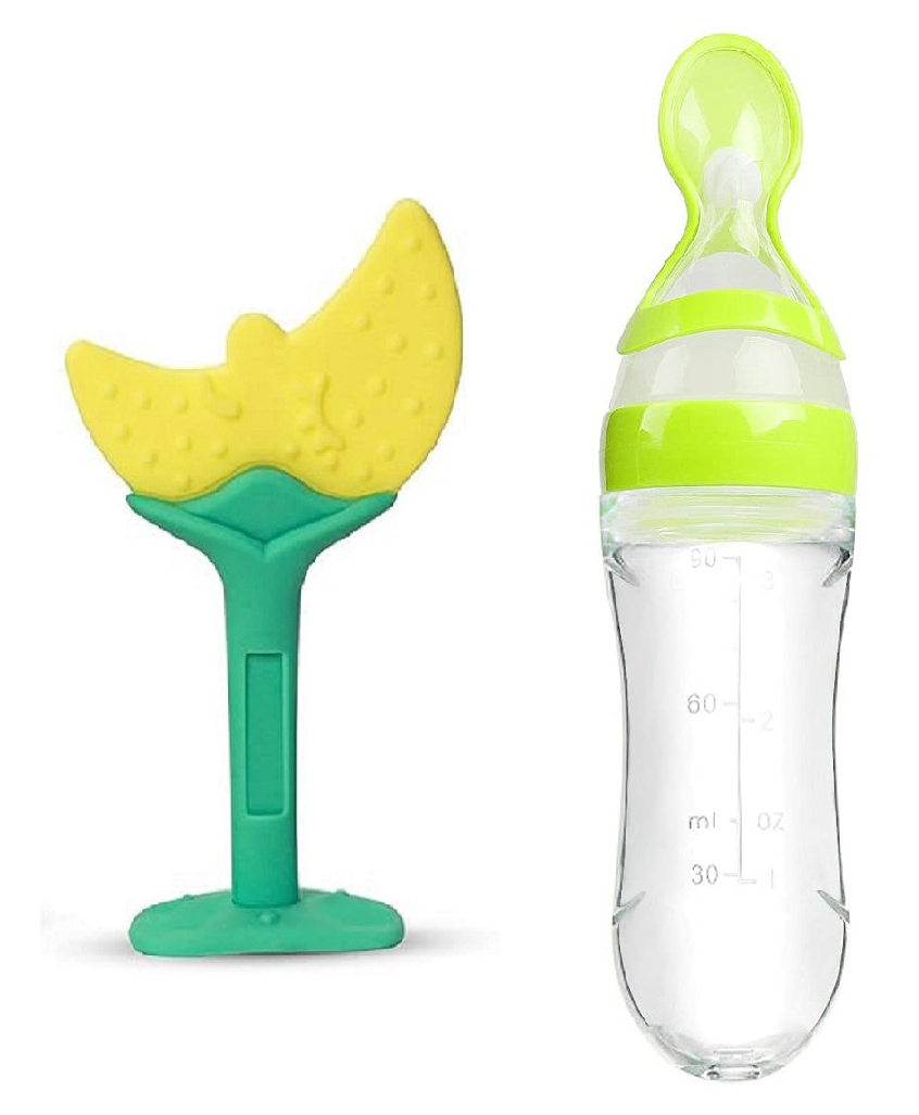Enorme Silicone Moon Shape Yellow Teething Soft Teether and Silicone Easy Squeezy Spoon Food Feeder for Babies-image-35