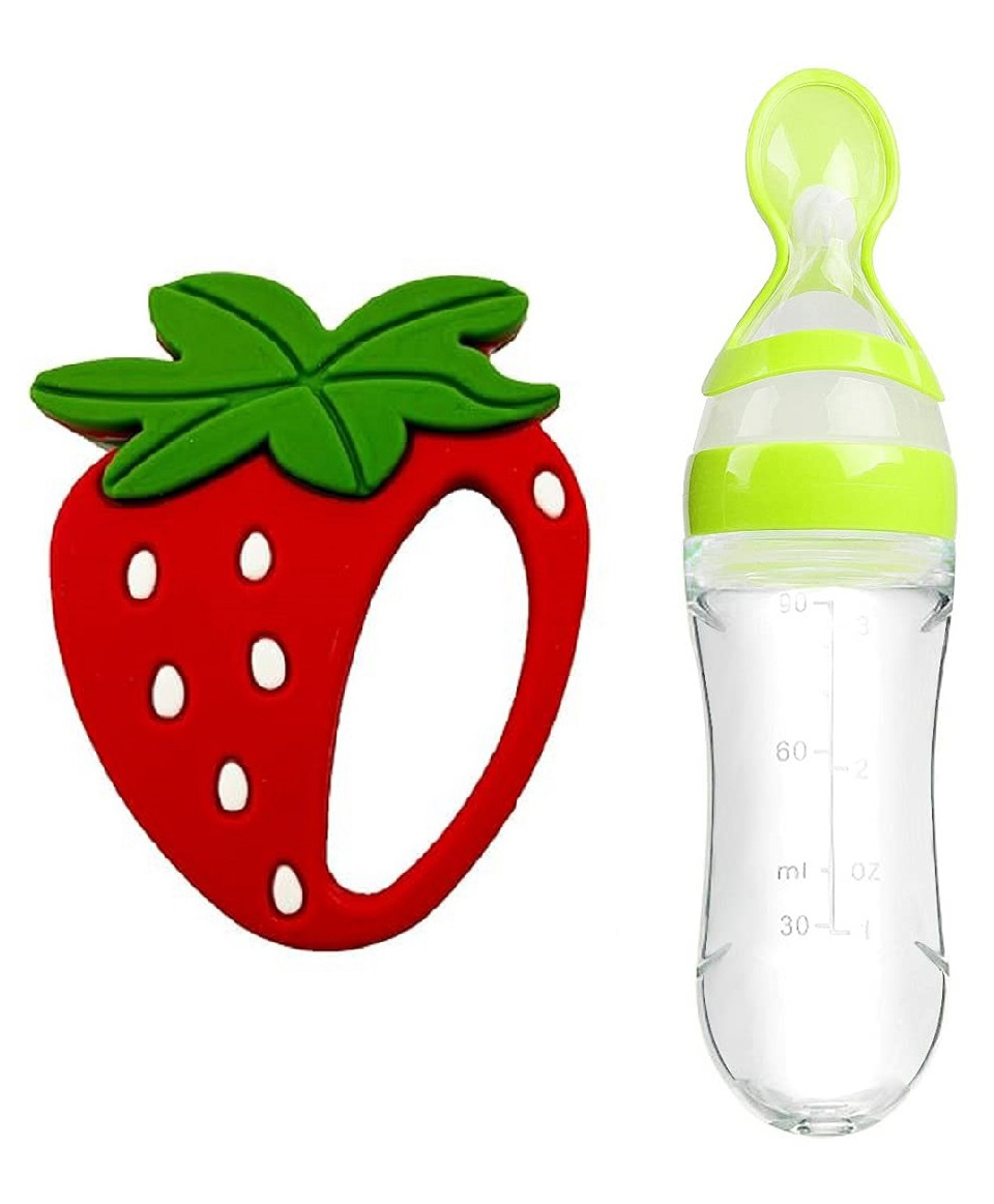 Enorme Silicone Mini Strawberry Shape Red Teething Soft Teether and Silicone Easy Squeezy Spoon Food Feeder for Babies-image-29