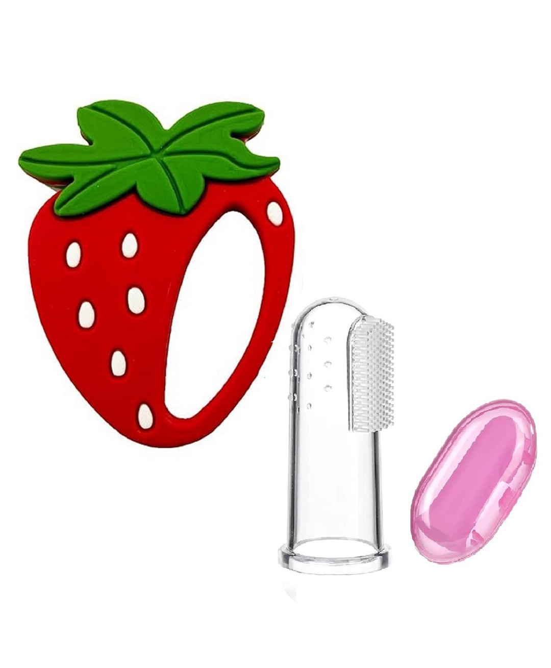 Enorme Silicone Strawberry Shape Mini Red Teething Soft Teether and Baby Silicone Finger Toothbrush with case for Babies-image-49