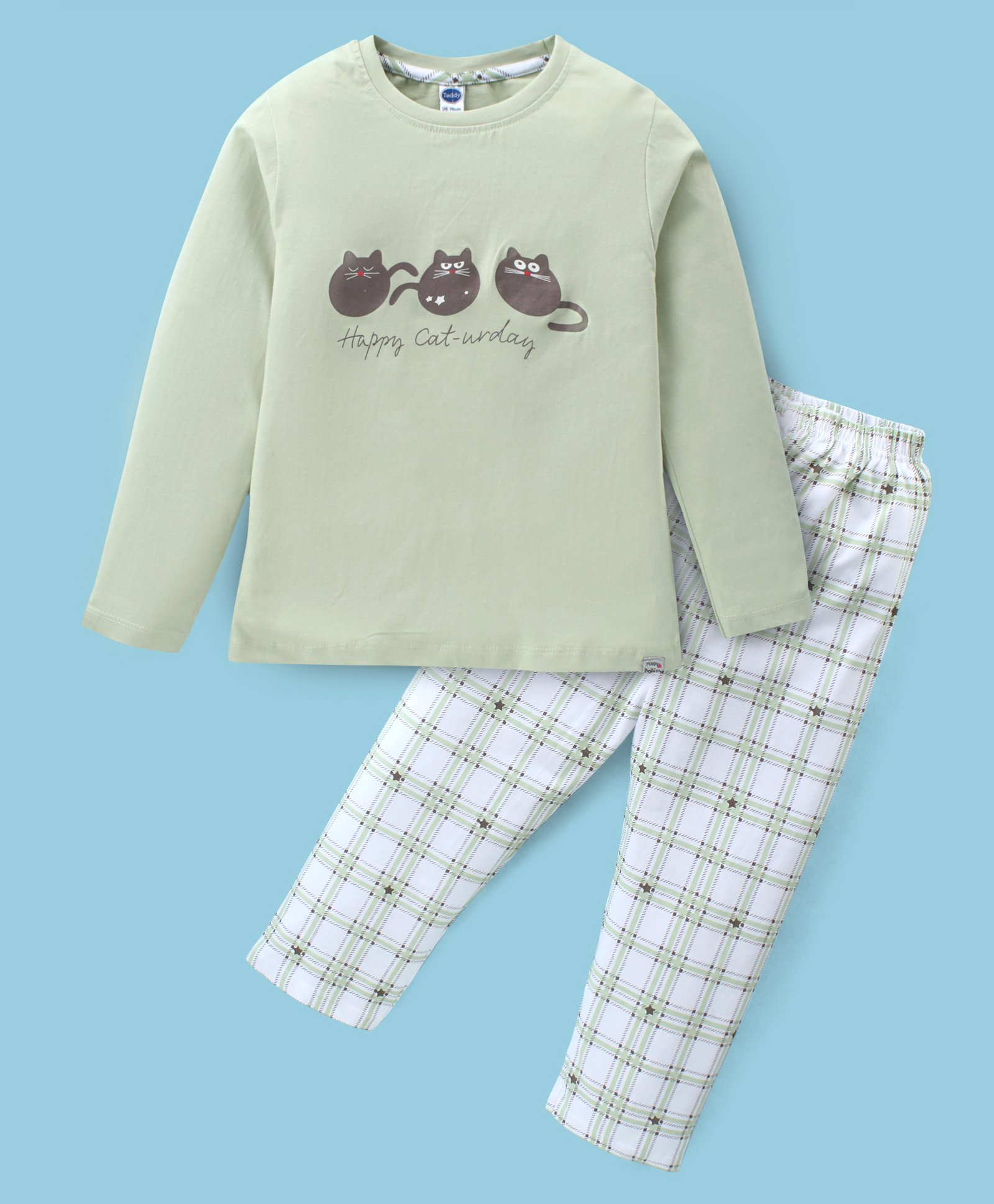 Teddy Sinker Knit Full Sleeves Night Suit With Kitten Print - Olive Green-image-1