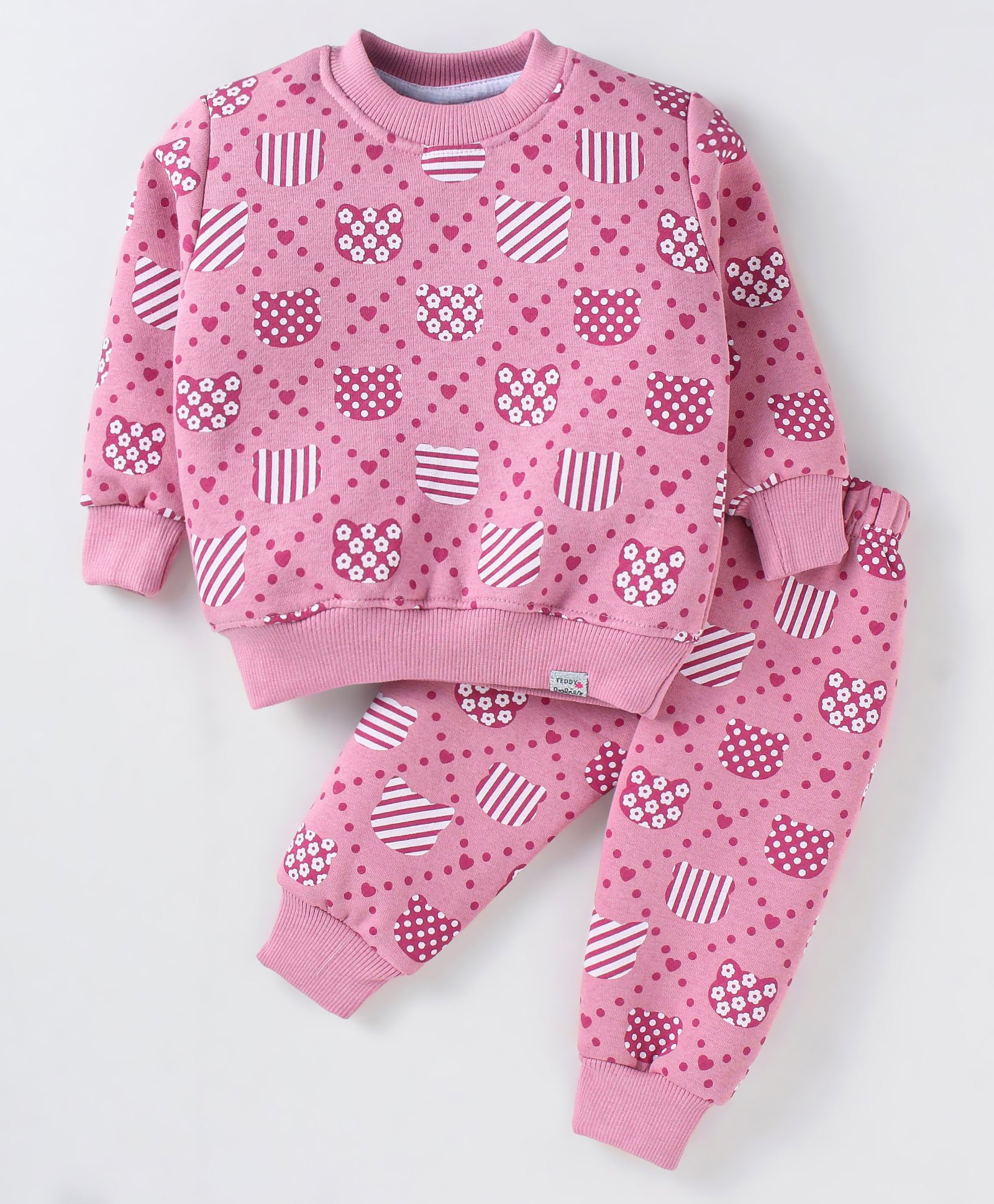 Teddy Fleece Knit Winter Night Suit with Hearts Print - Pink