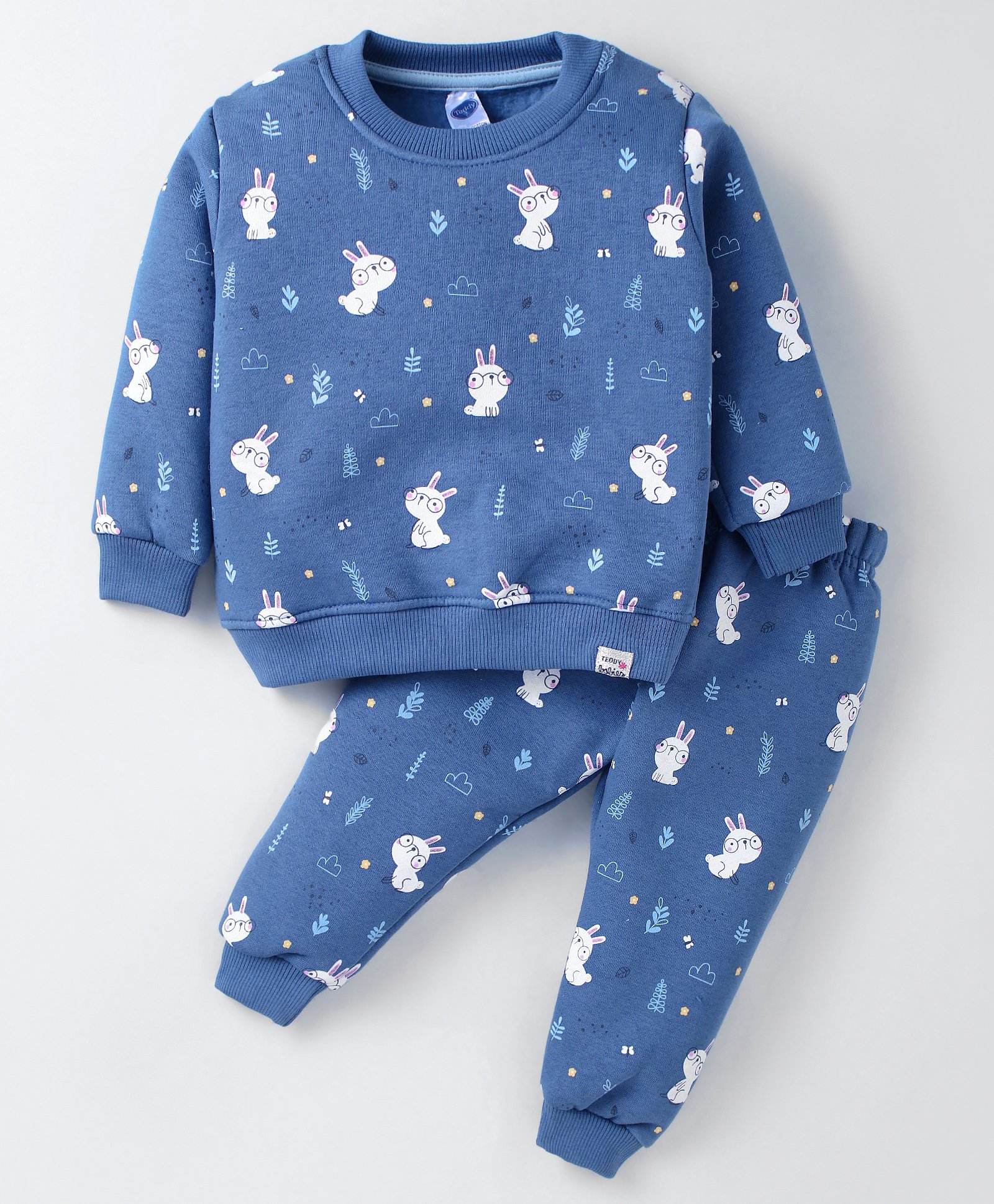 Teddy Fleece Knit Full Sleeves Winter Night Suit With Bunny Print - Royal Blue-picture-10
