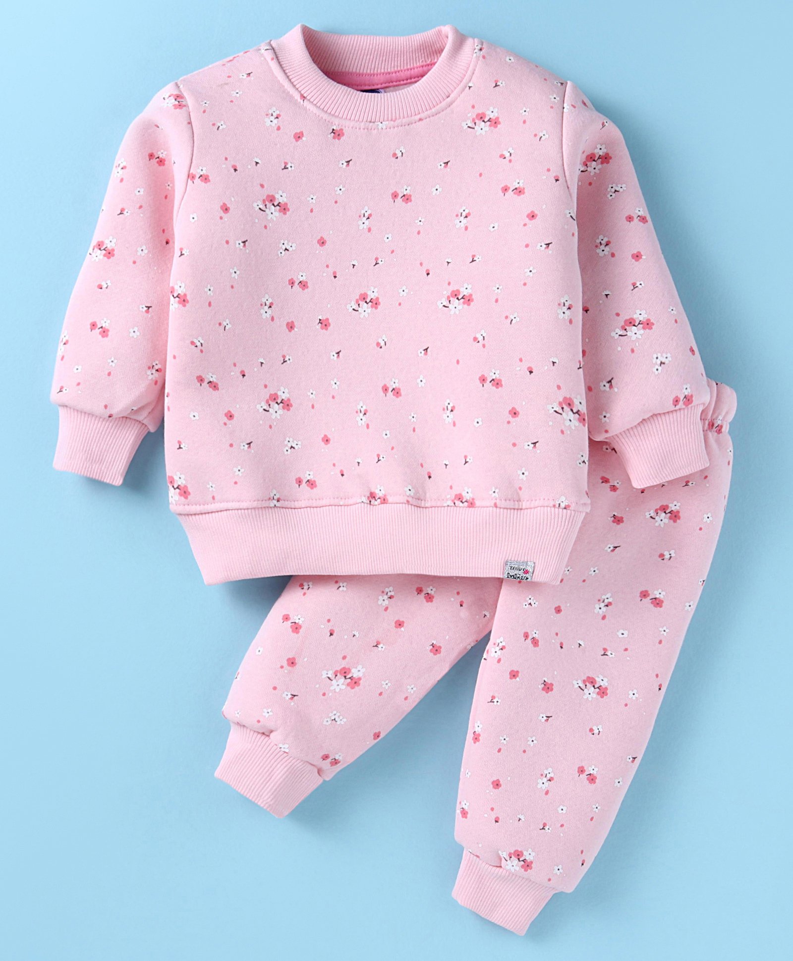 Teddy Fleece Knit Full Sleeves Winter Night Suit With Floral Print - Pink-image-46