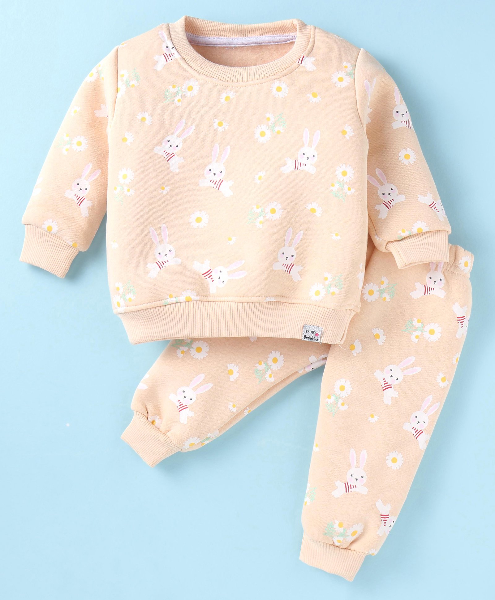 Teddy Fleece Knit Full Sleeves Winter Wear Night Suit with Floral & Bunny  Print - Light Peach-image-10