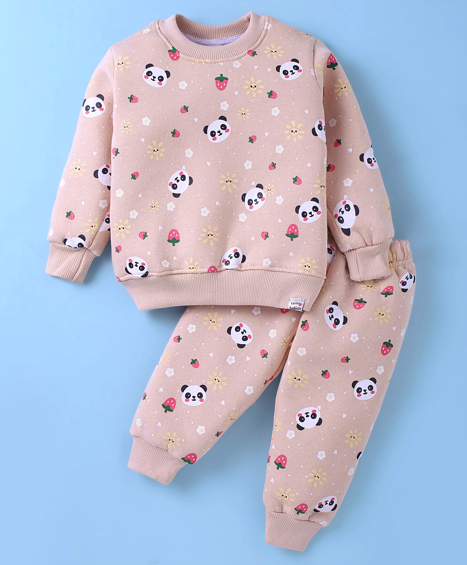 Teddy Fleece Knit Full Sleeves Winter Night Suit With Panda Print - Peach-image-2
