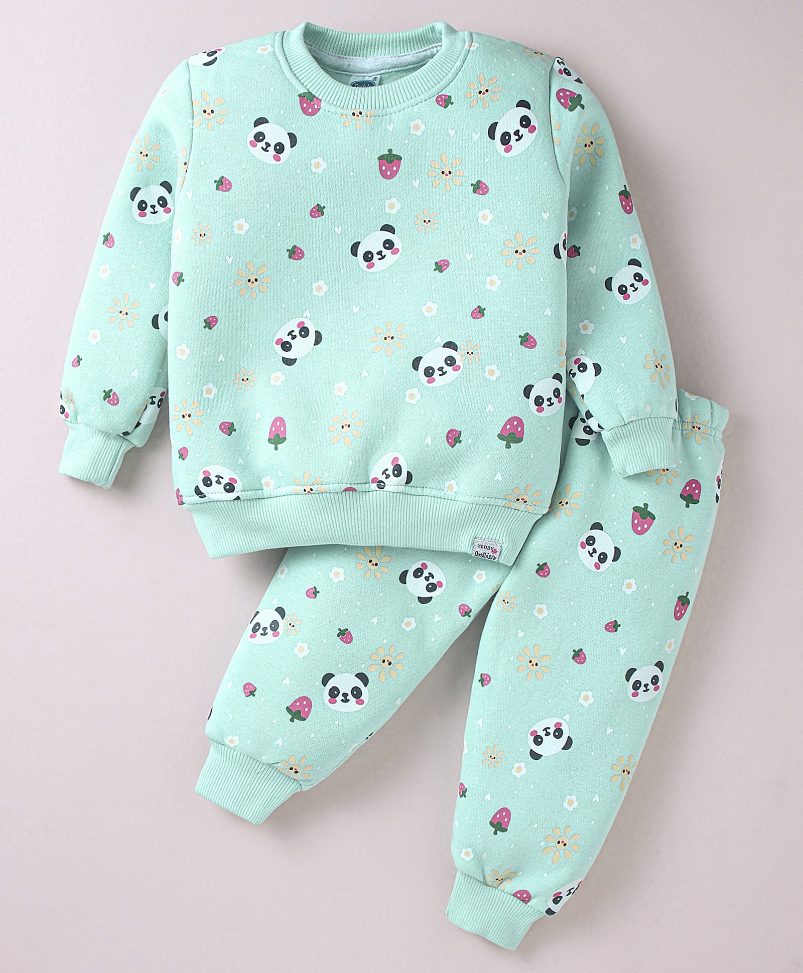 Teddy Fleece Knit Full Sleeves Winter Night Suit With Panda Print - Sea Green-picture-4