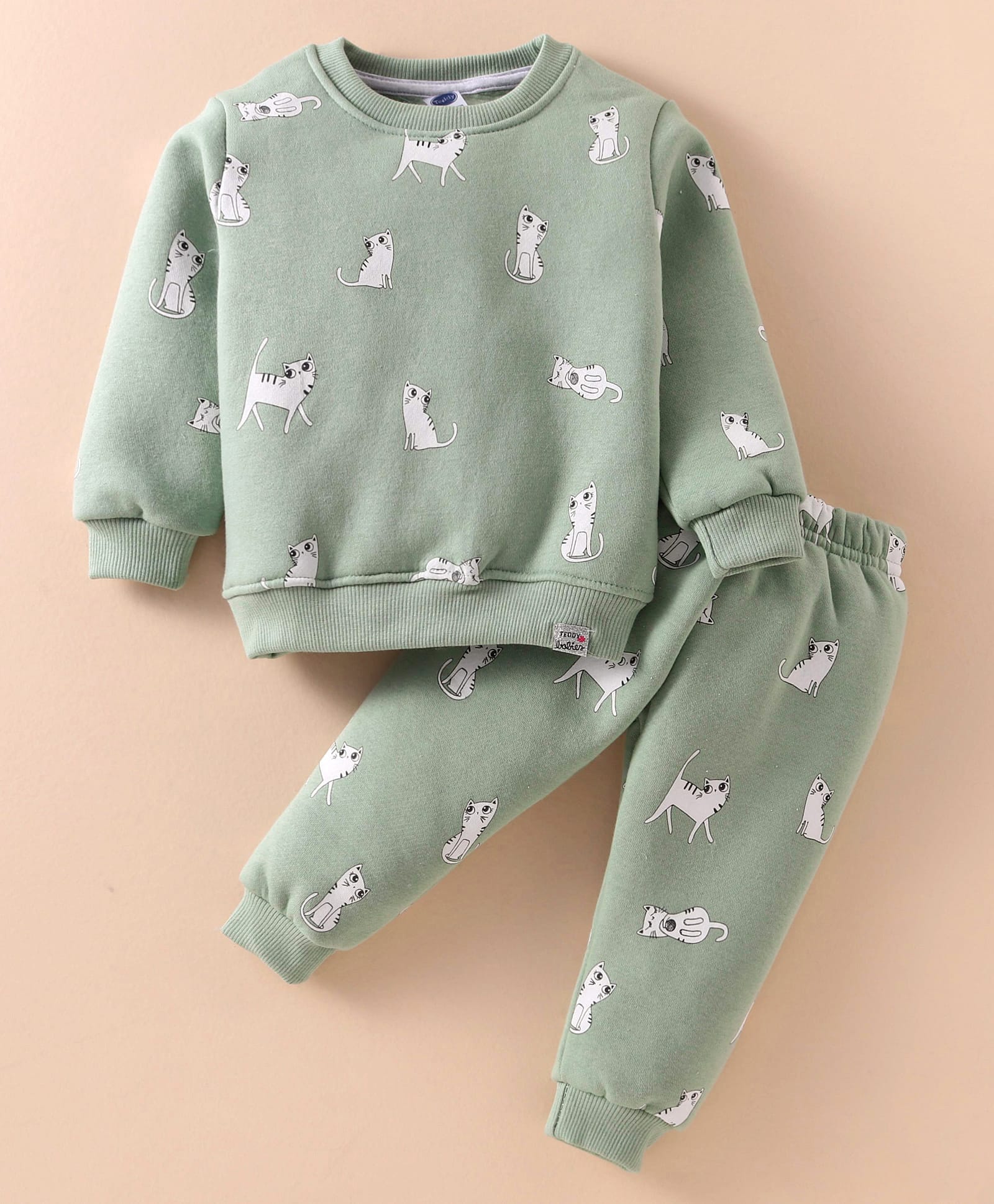 Teddy Fleece Full Sleeves Winter Wear Night Suit With Cat Theme Print - Olive Green-image-49