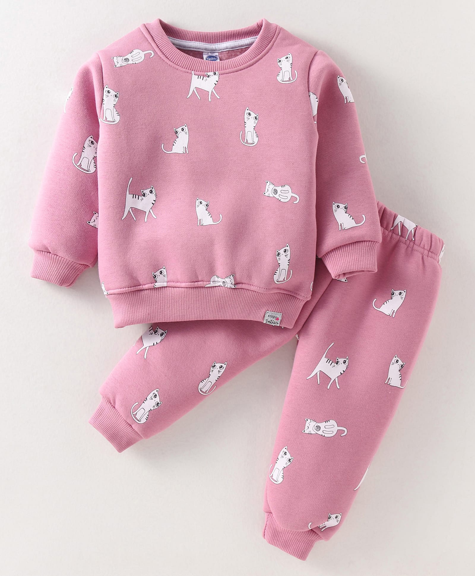 Teddy Fleece Full Sleeves Winter Wear Night Suit With Cat Theme Print - Pink-image-31
