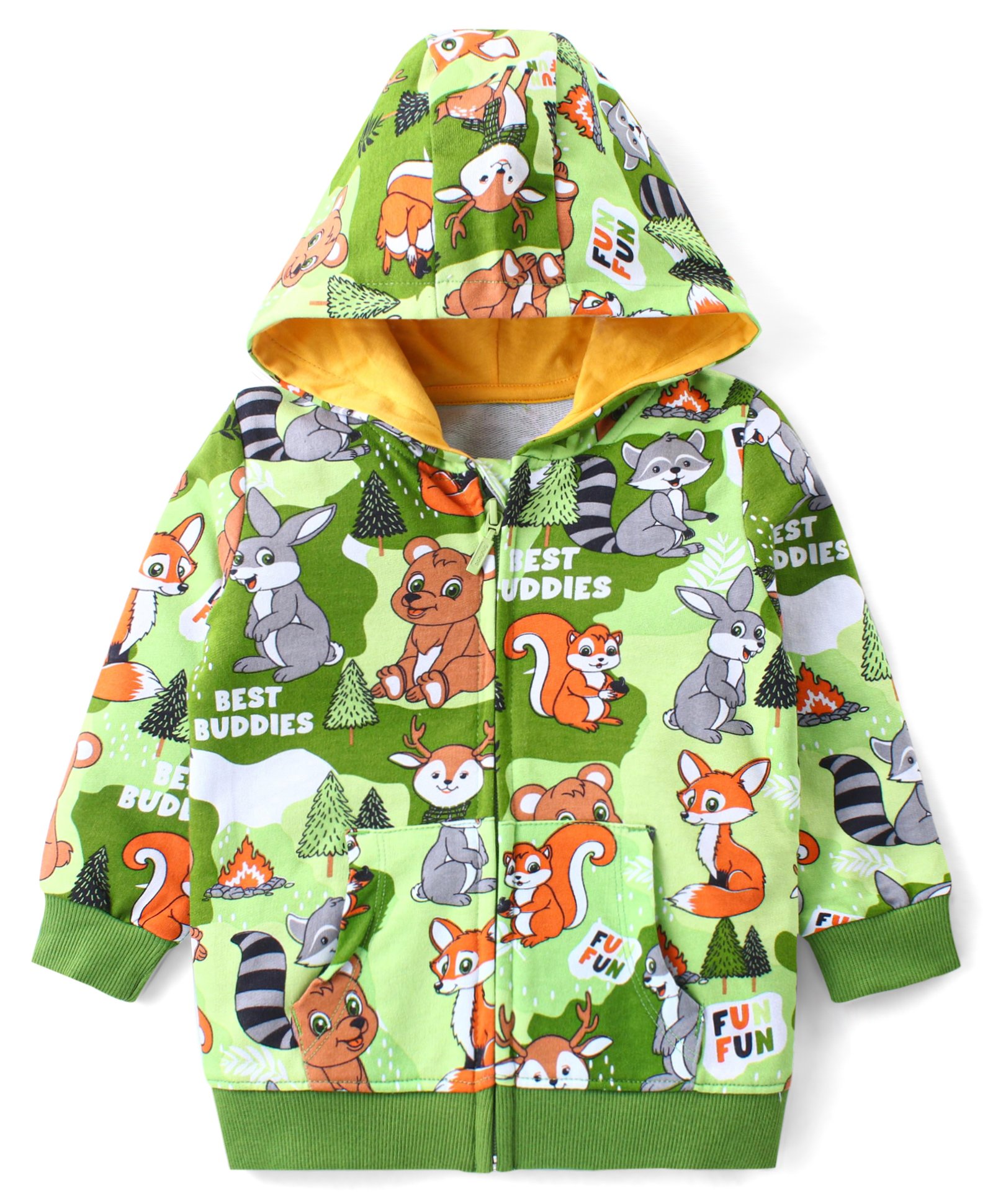 Babyhug Cotton Full Sleeves Hooded Front-open Sweatjacket With Zipper & All Over Animals Print - Green-image-32