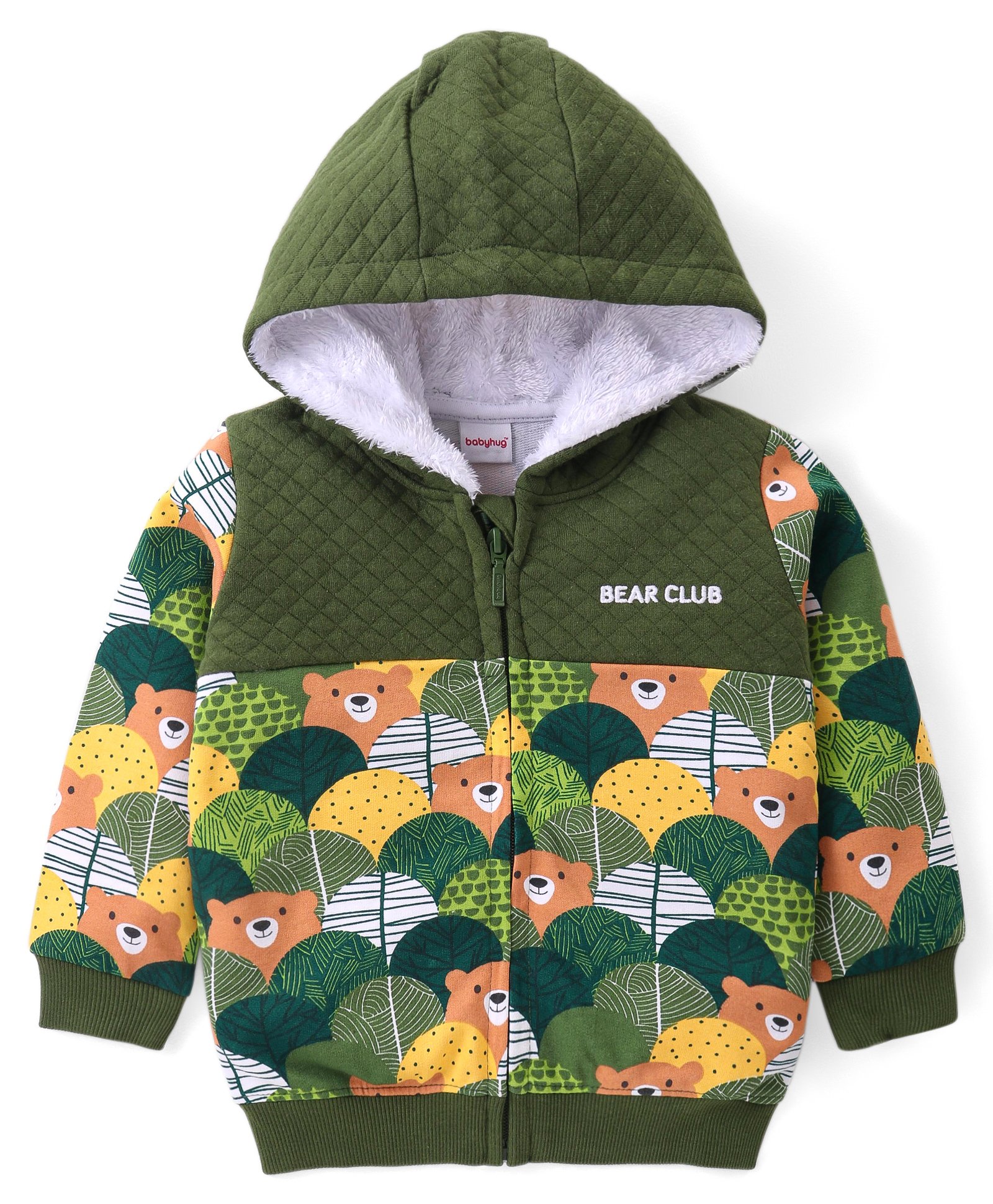 Babyhug Cotton Knit Full Sleeves Front Open Hooded Sweatjacket with Quilted Design & Bear Print - Olive Green-image-43
