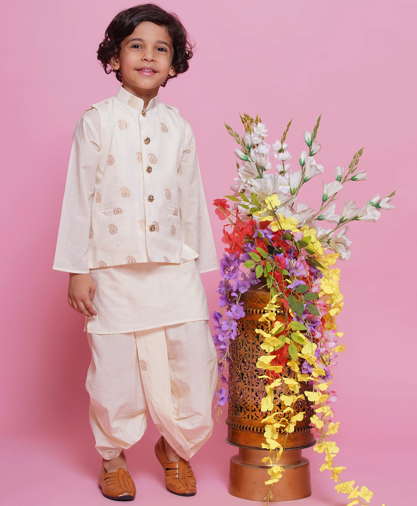 Little Bansi Cotton Full Sleeves Lace Embellished & Paisley Zari Emboridered Kurta Dhoti With Jacket - Cream-image-25