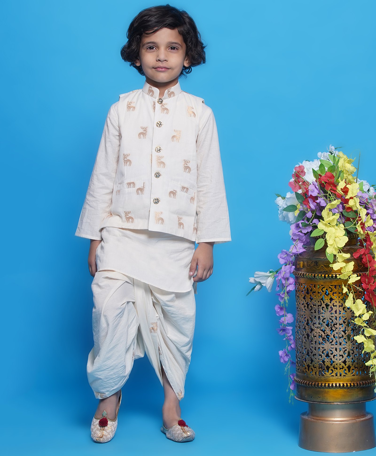 Little Bansi Cotton Full Sleeves Kurta With Deer Foil Printed Coordinating Dhoti & Jacket Set - Cream-picture-15