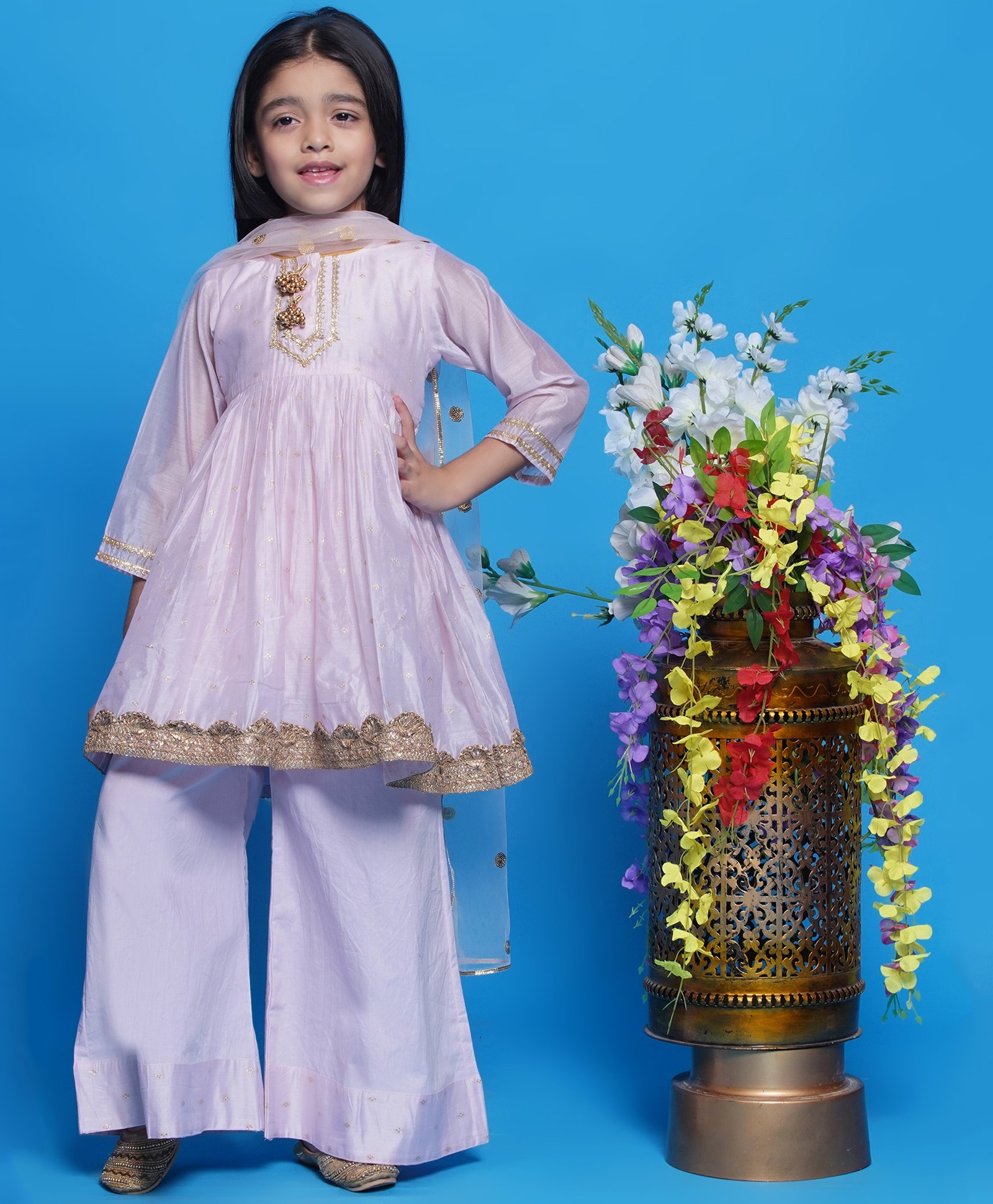 Little Bansi Chanderi Cotton Three Fourth Sleeves Lace & Sequin Embellished Kurta Palazzo With Dupatta Set - Baby Pink-picture-36