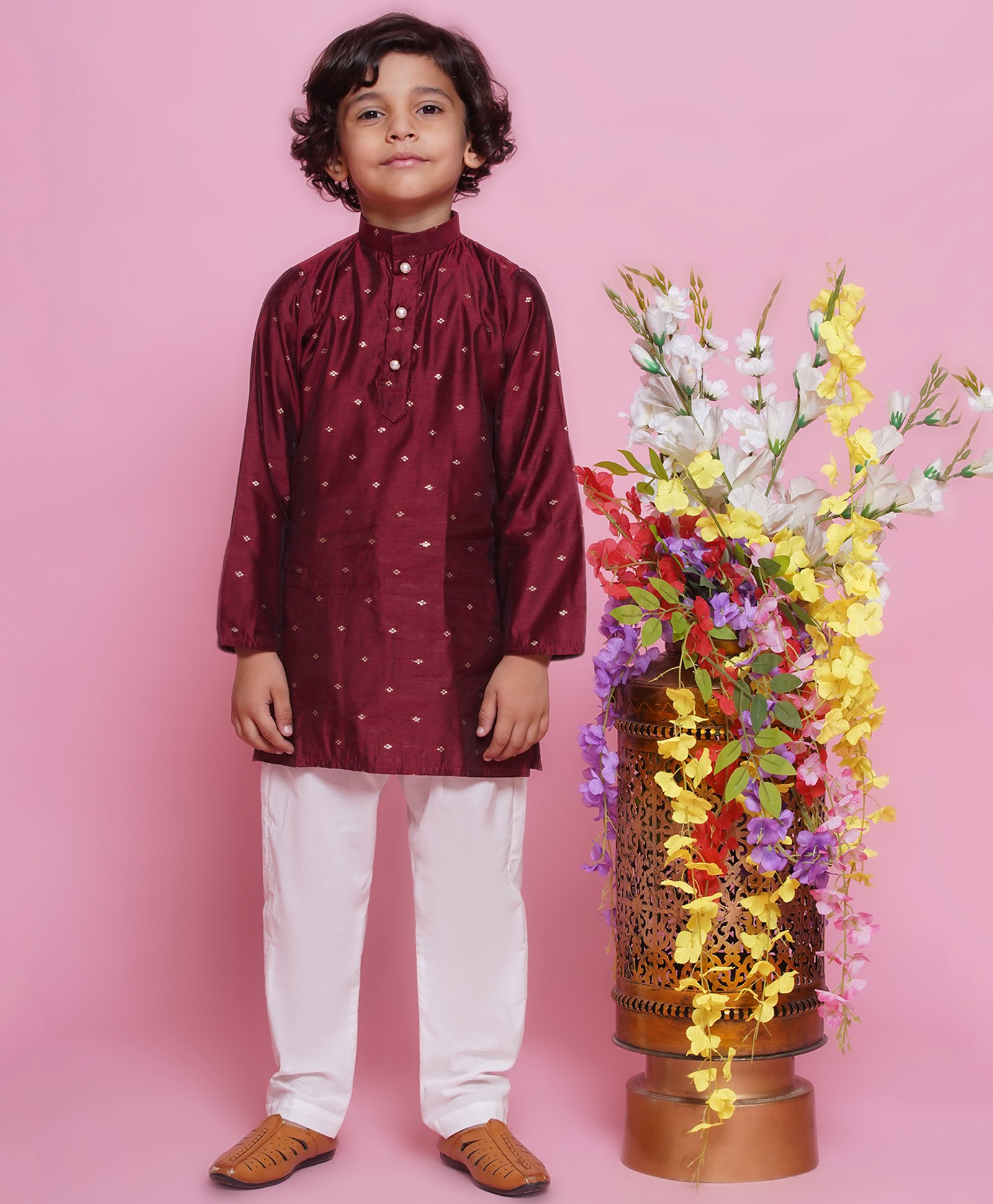 Little Bansi Cotton Silk Full Sleeves Zari Embrodiery Kurta With Pyjama - Maroon-picture-32