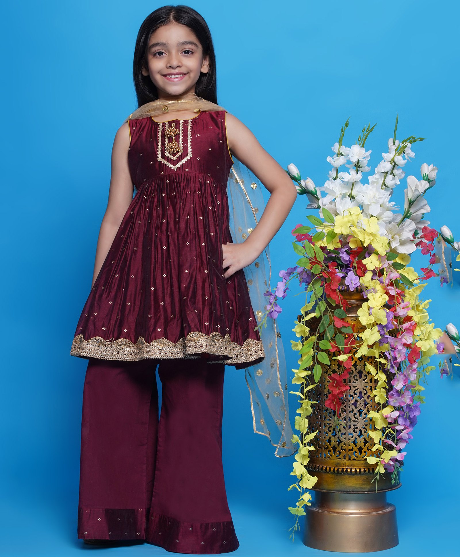 Little Bansi Chanderi Cotton Sleeveless Lace & Sequin Embellished Kurta Palazzo With Dupatta Set - Maroon-image-35