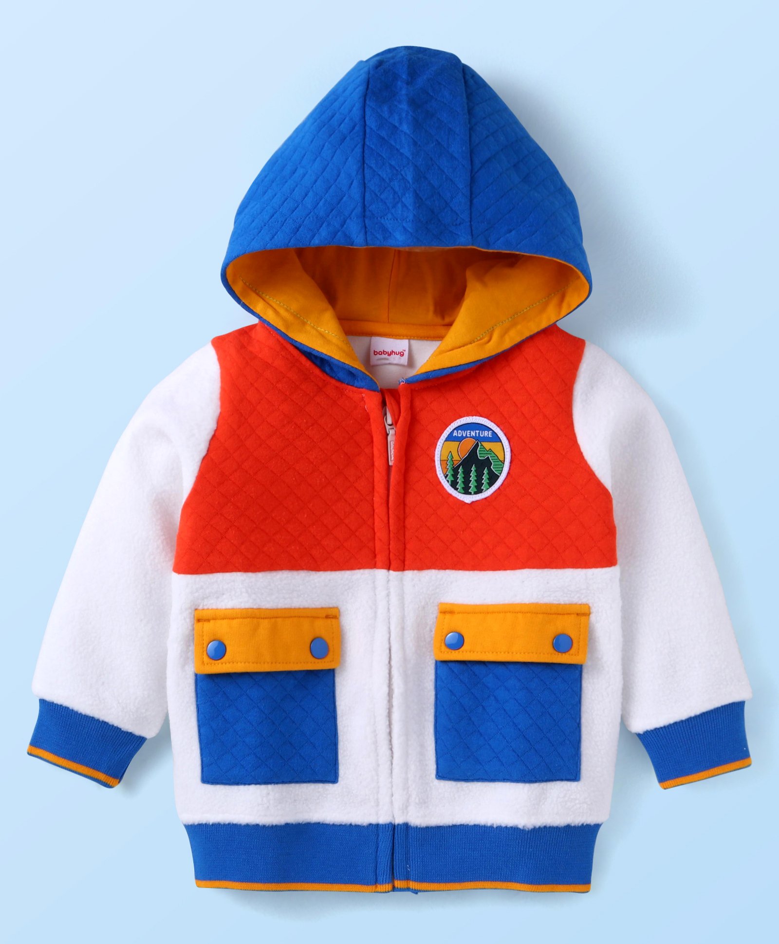 Babyhug Fleece Knit Full Sleeves Hooded Sweat Jacket With Colour Block Design & Text Patch - White
