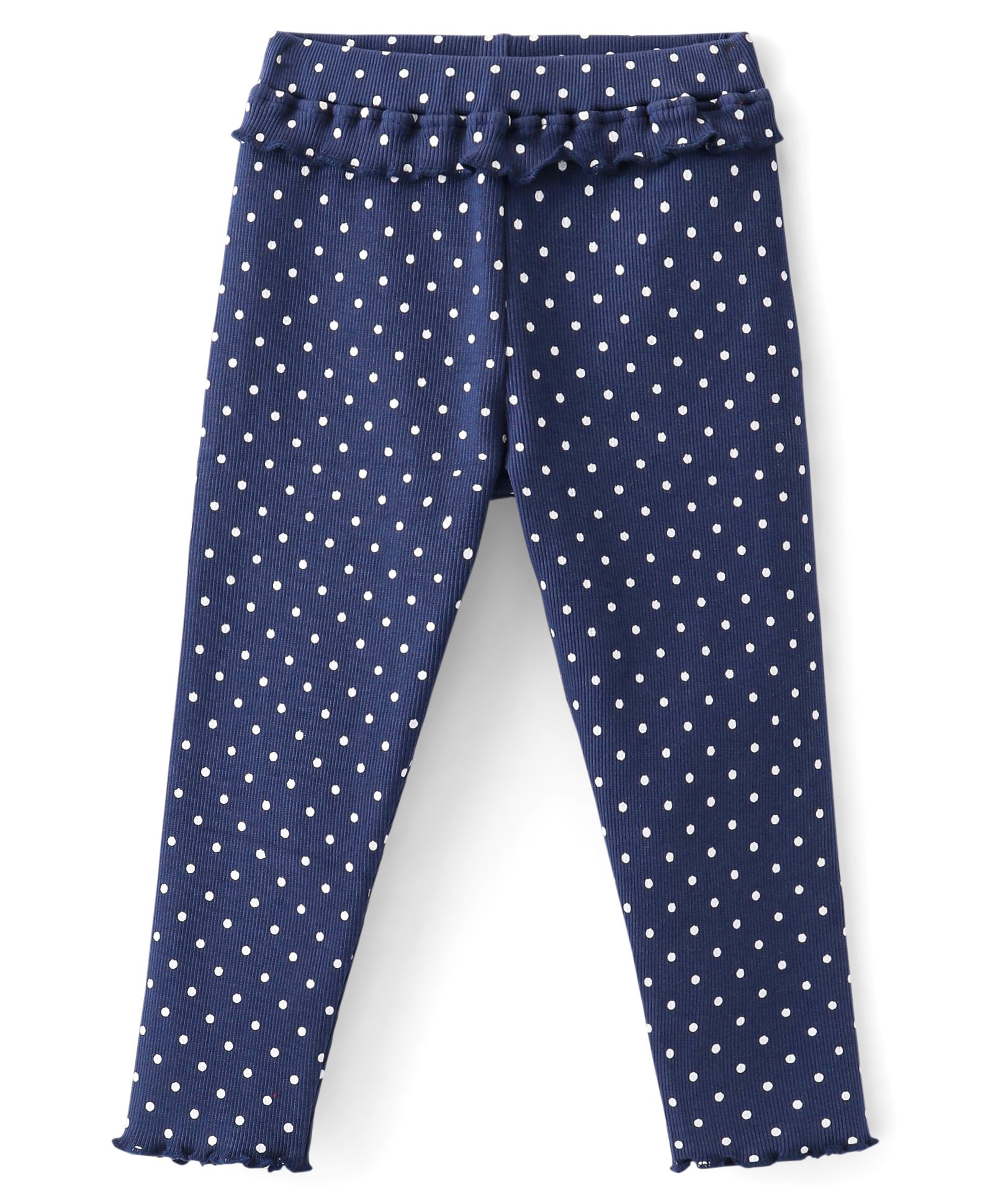 Babyhug Cotton Lycra Full Length Leggings With Polka Dot Print & Frill Detailing - Navy Blue-image-24