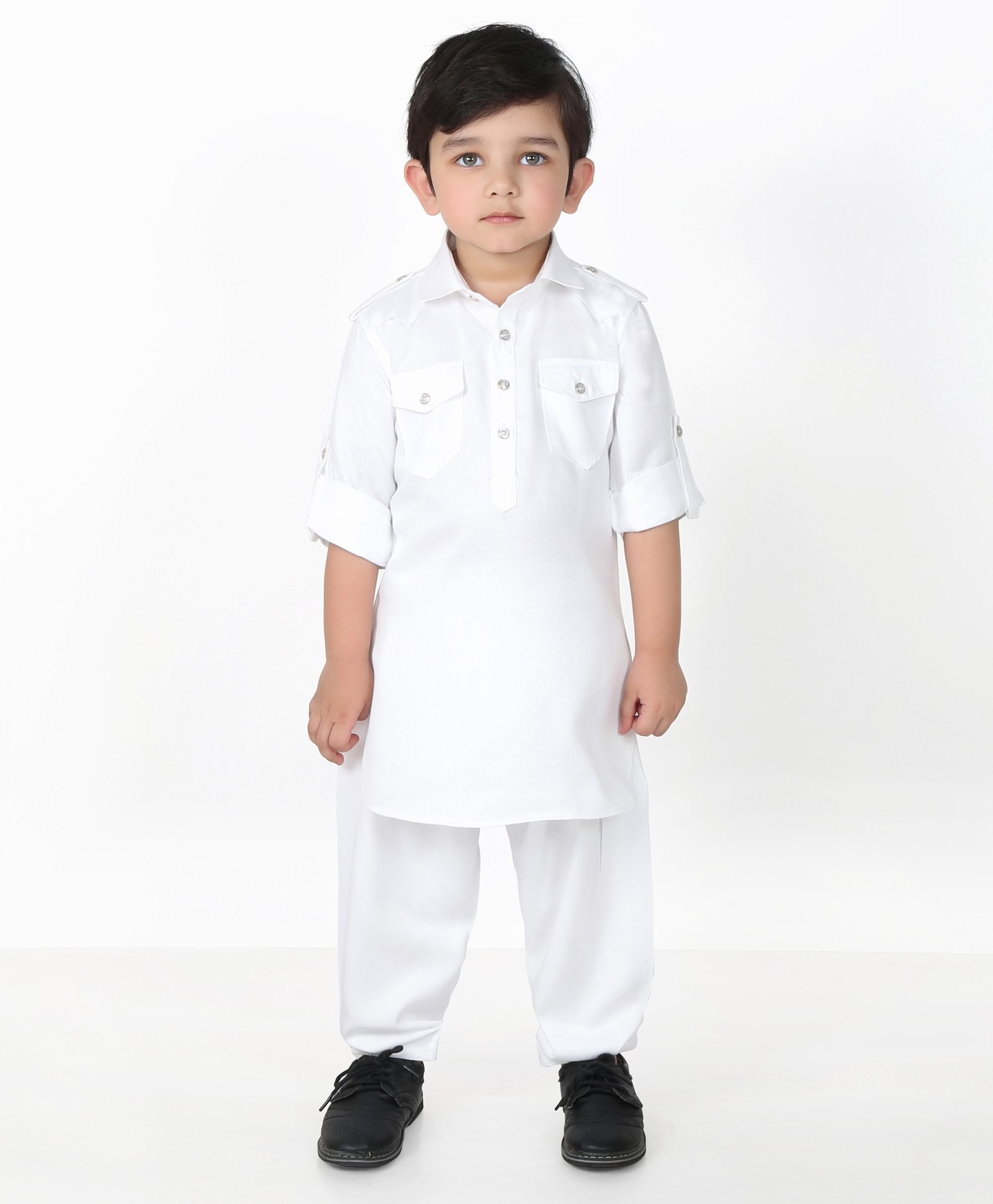BAD BOYS Full Sleeves Solid Kurta With Pyjama Set - White-image-3