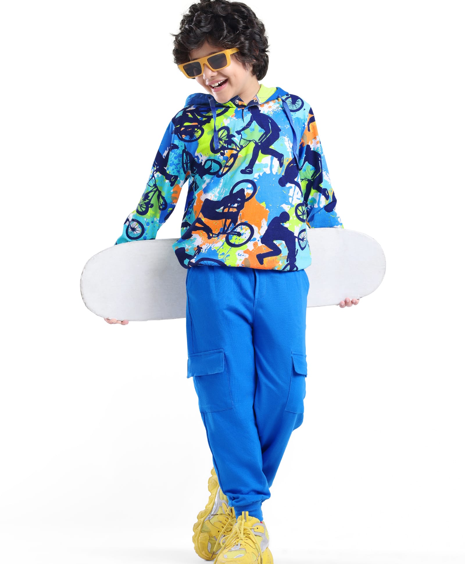 Ollington St. 100% Cotton Knit Full Sleeves Hooded Sweatshirt & Joggers Winter Wear Set With Color Splash & Bicycles Print - Blue-image-1