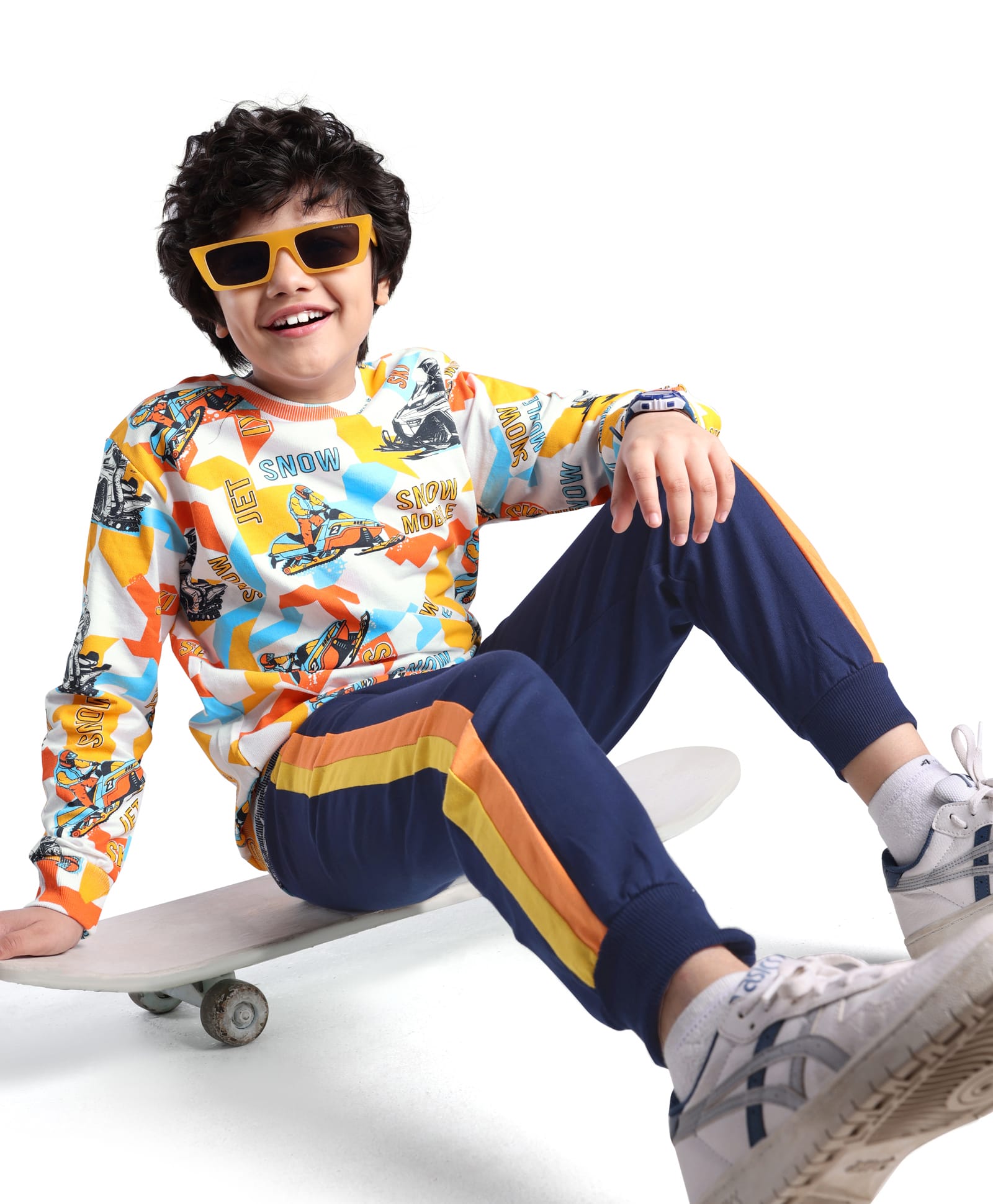Ollington St. 100% Cotton Knit Full Sleeves Sweatshirt & Joggers Set With Snow Mobile Print - Orange & Blue-picture-25
