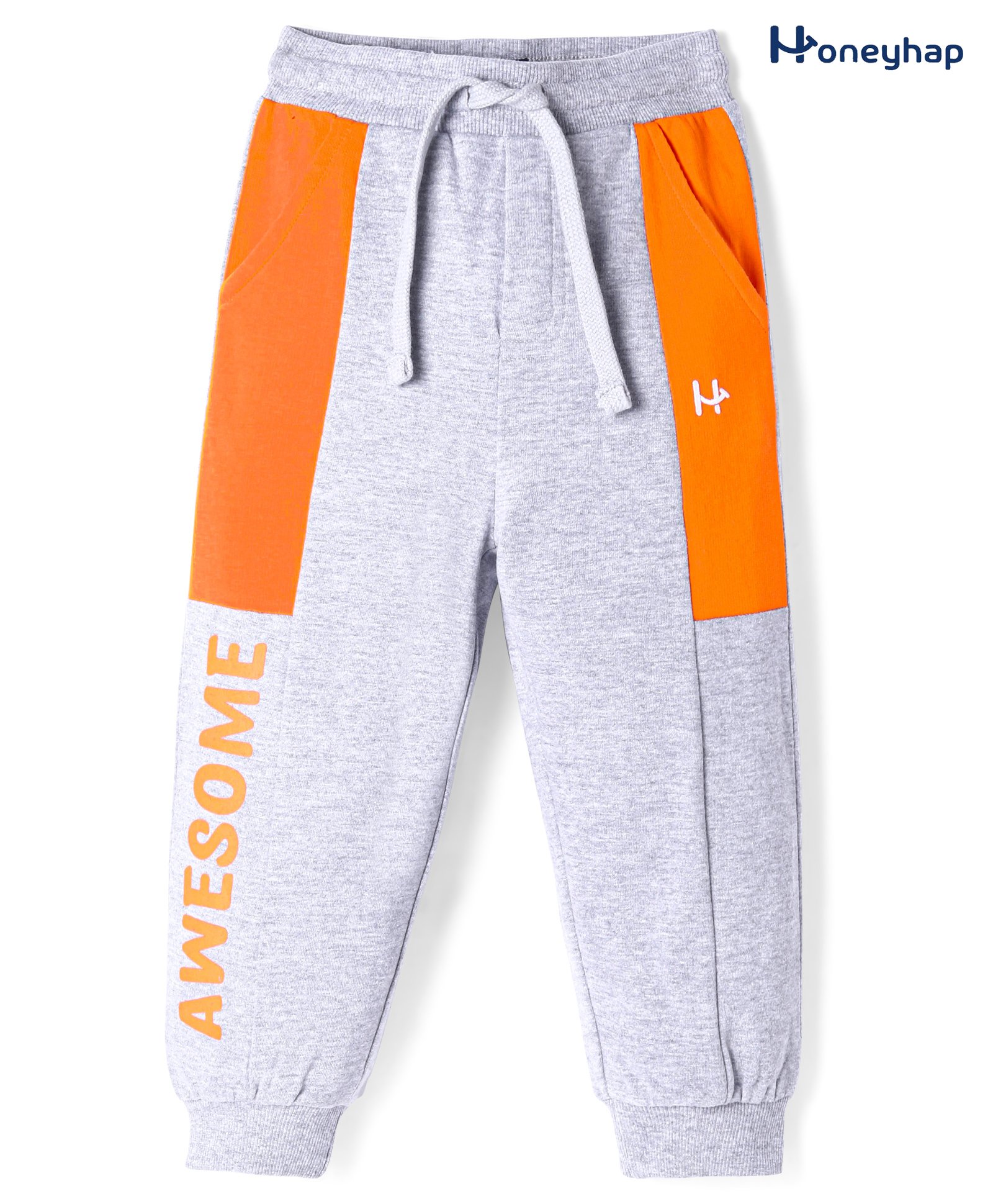 Honeyhap Premium 100% Cotton Knit Full Length Lounge Pants With Cut & Sew Design & Bio Finish Text Print - White Melange & Oriole-picture-10