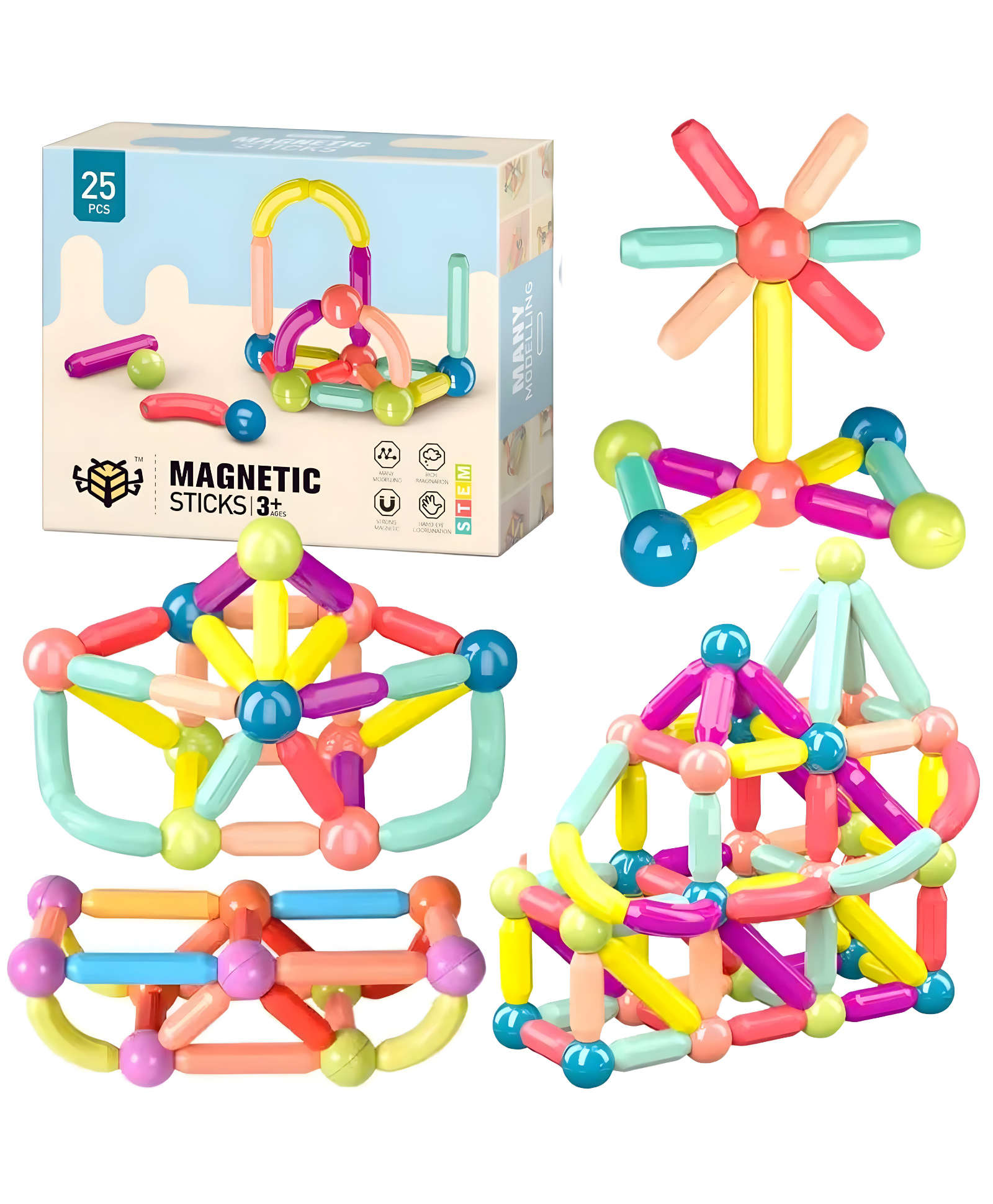 NEGOCIO  25 Pcs Colorful Magnetic Sticks and Balls Sets Toys 3D Construction Building Blocks Magnet Stacking Educational Learning Toys Puzzle Games Birthday Gift for Kids- PACK OF 1  COLOR MAY VARY-image-37