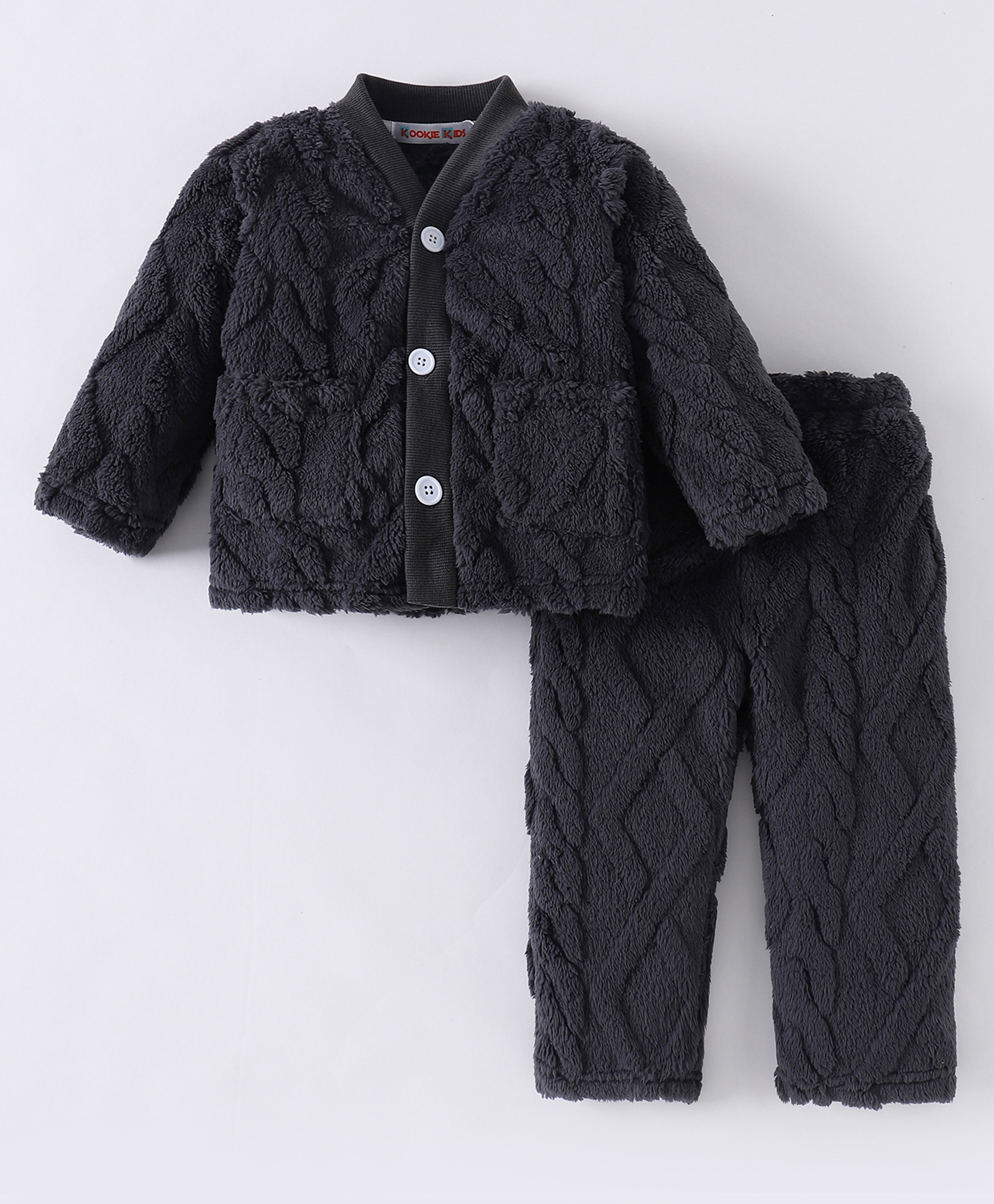 Kookie Kids Full Sleeves Front Open Solid Winter Wear Night Suit - Charcoal Grey-image-6
