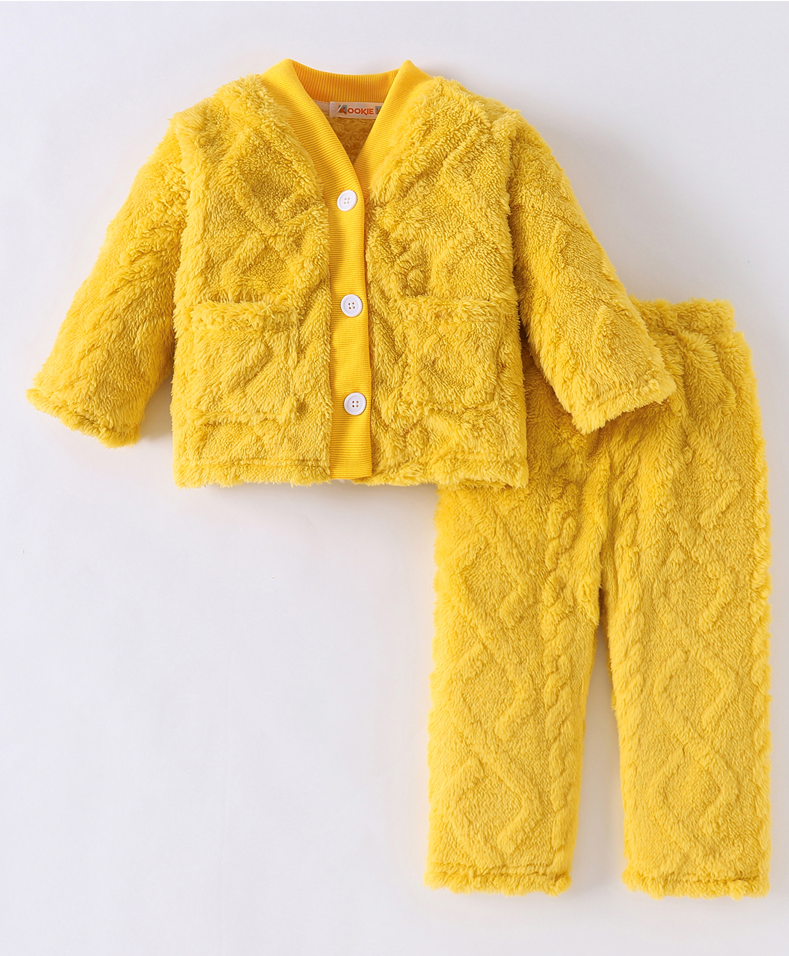 Kookie Kids Full Sleeves Front Open Solid Winter Wear Night Suit - Yellow-image-2