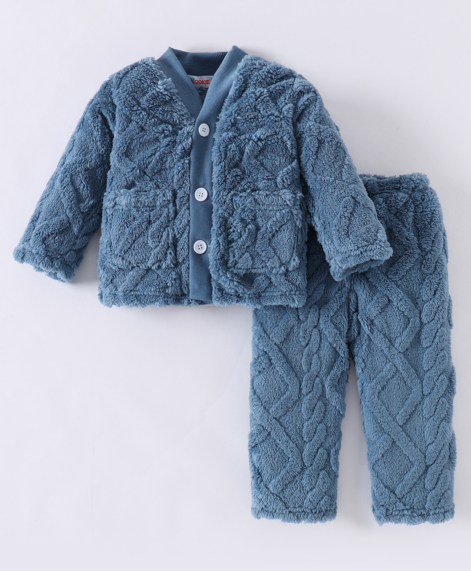 Kookie Kids Full Sleeves Front Open Solid Winter Wear Night Suit - Blue-image-10
