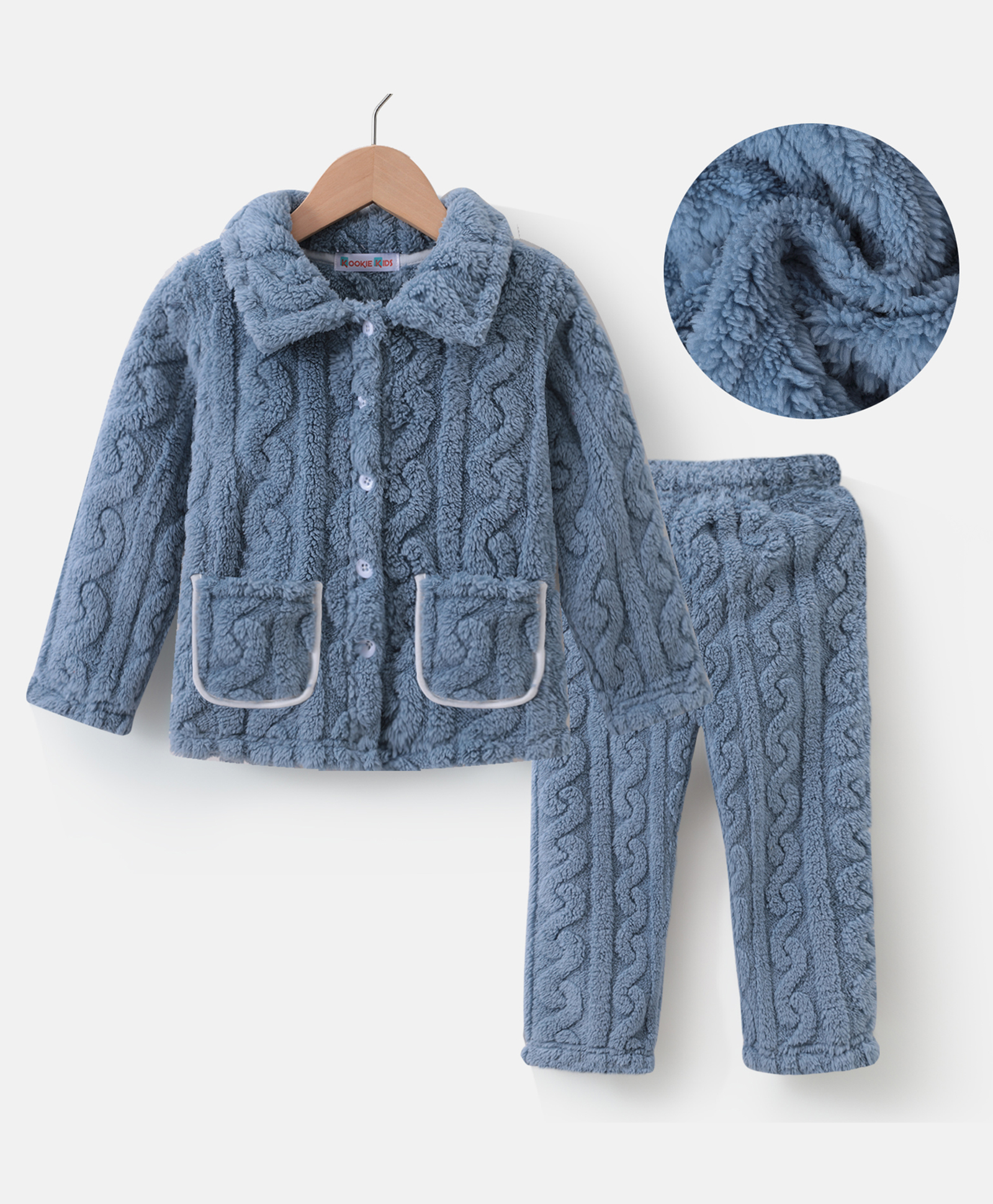 Kookie Kids Full Sleeves Front Open Solid Colored Winter Night Suit - Blue-picture-24