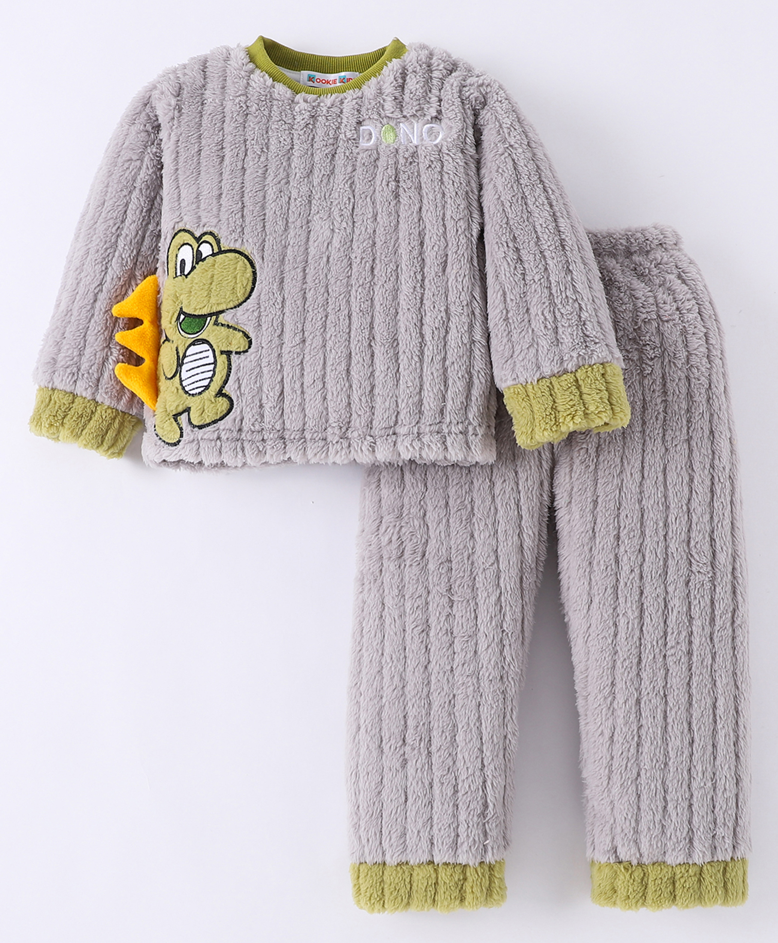 Kookie Kids Full Sleeves Winter Night Suit With Dino Applique - Grey-image-19