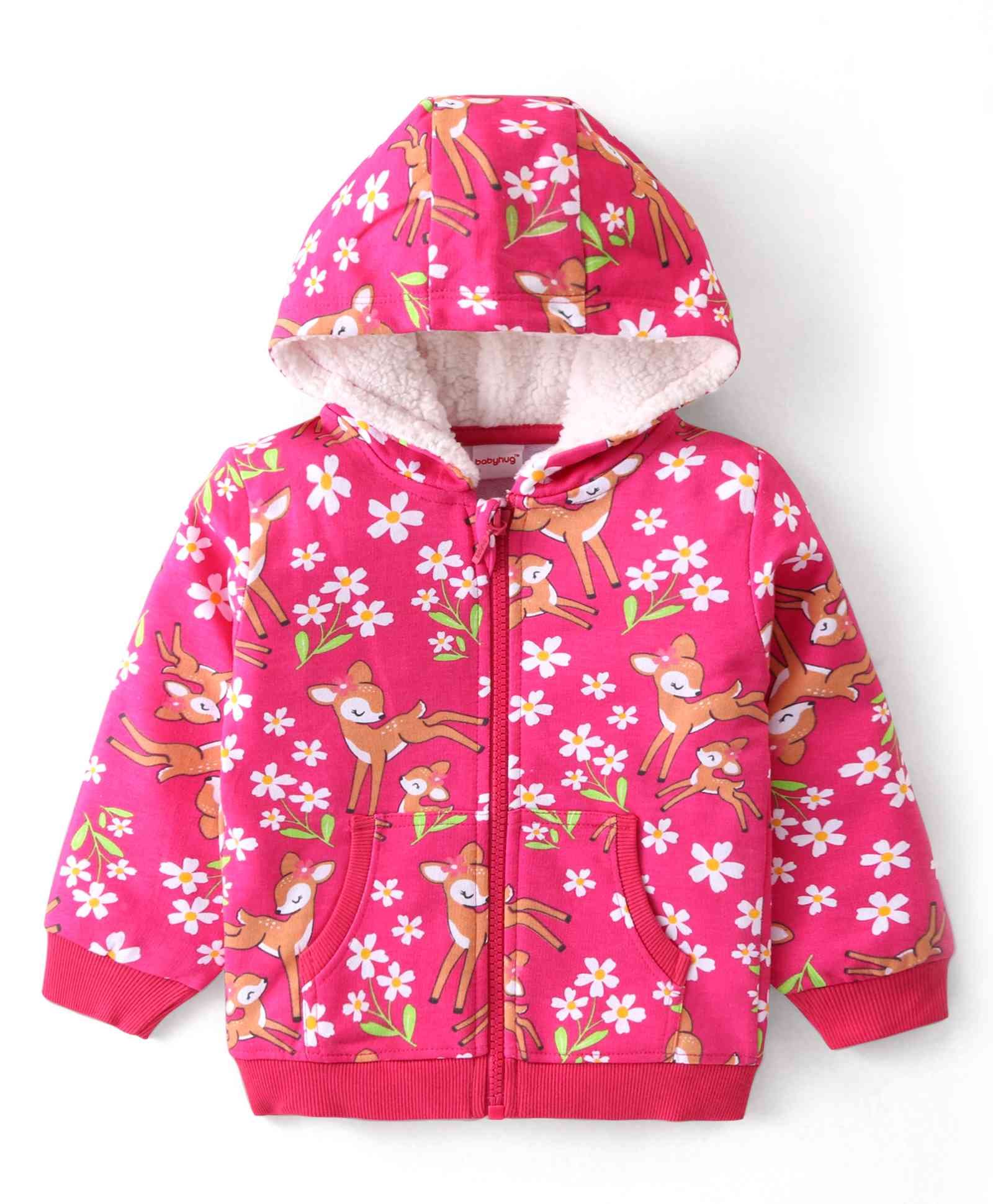 Babyhug Cotton Knit Full Sleeves Front Open Hooded Sweatjacket with Deer Print & Kangaroo Pockets - Pink-picture-12