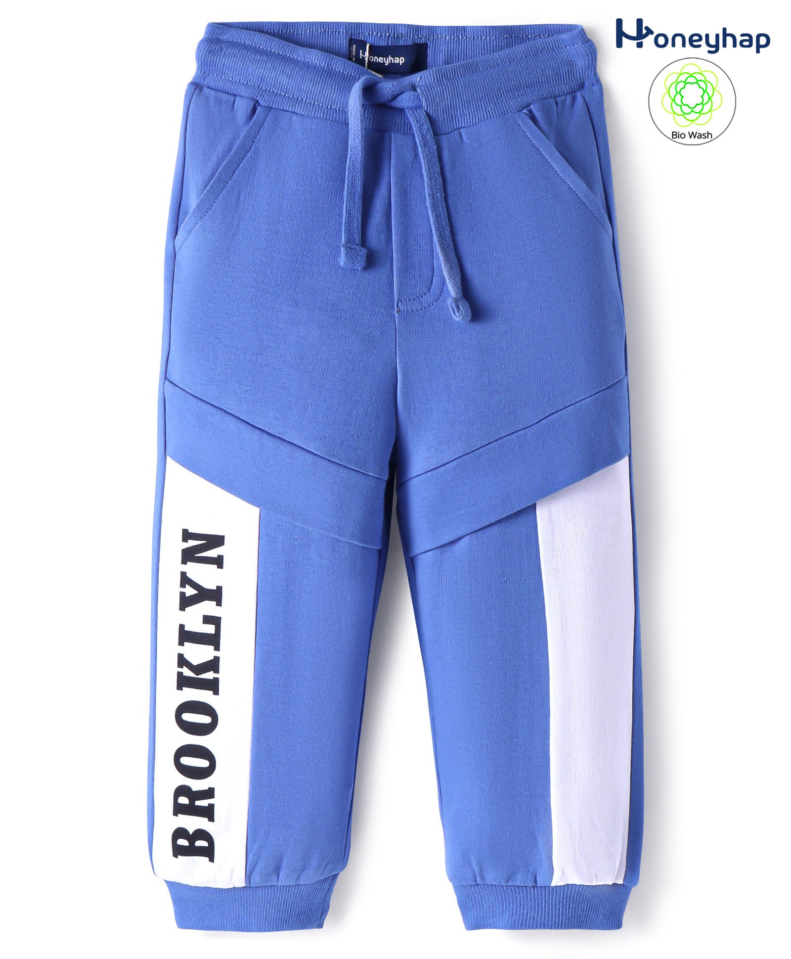 Honeyhap Premium 100% Cotton Full Length Cut & Sew Designed Track Pants With Bio Finish Text Print - Ultramarine & Bright White-image-38