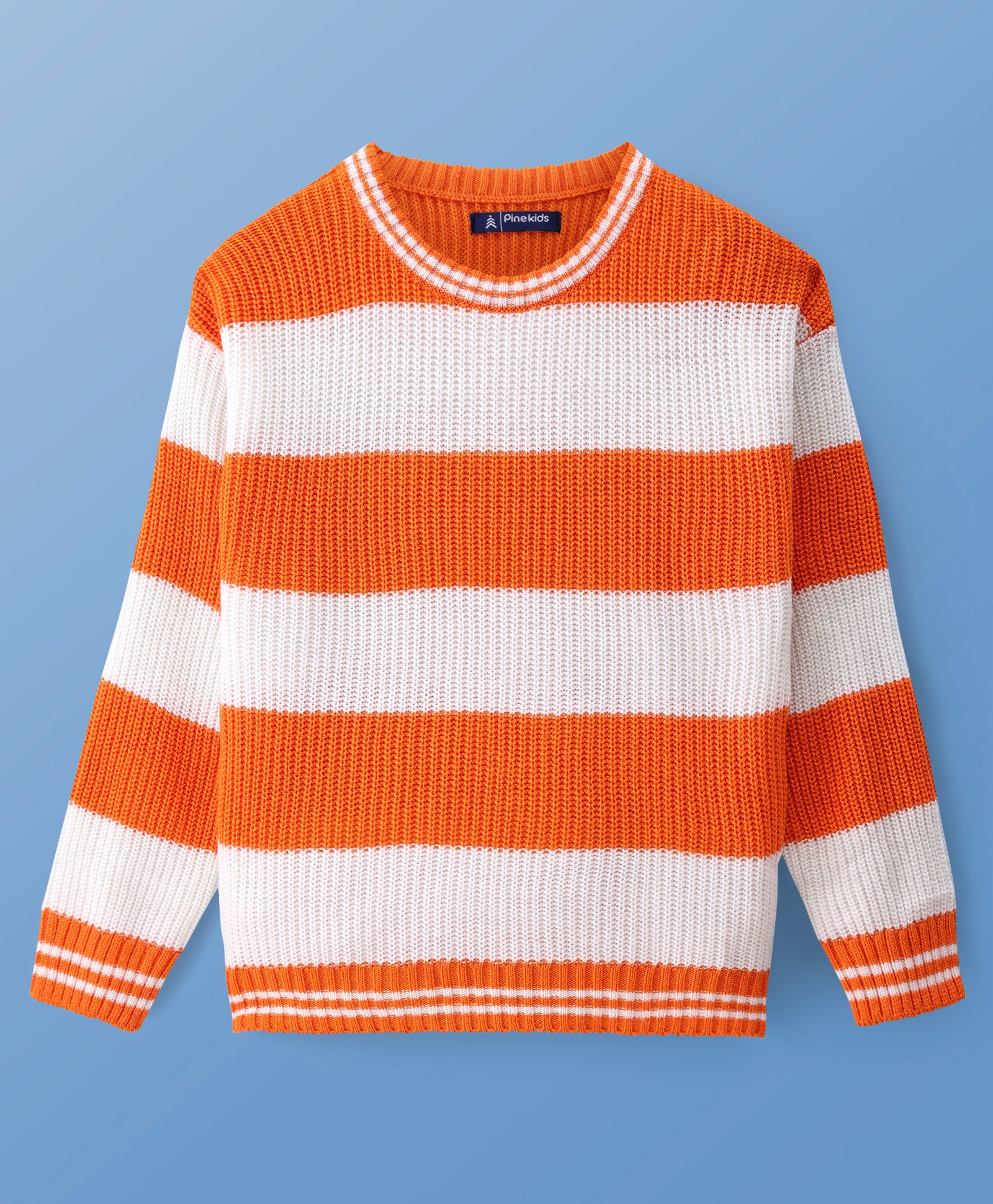 Pine Kids Knitted Full Sleeves Pullover Sweater With Stripes Design - Orange & White-picture-12